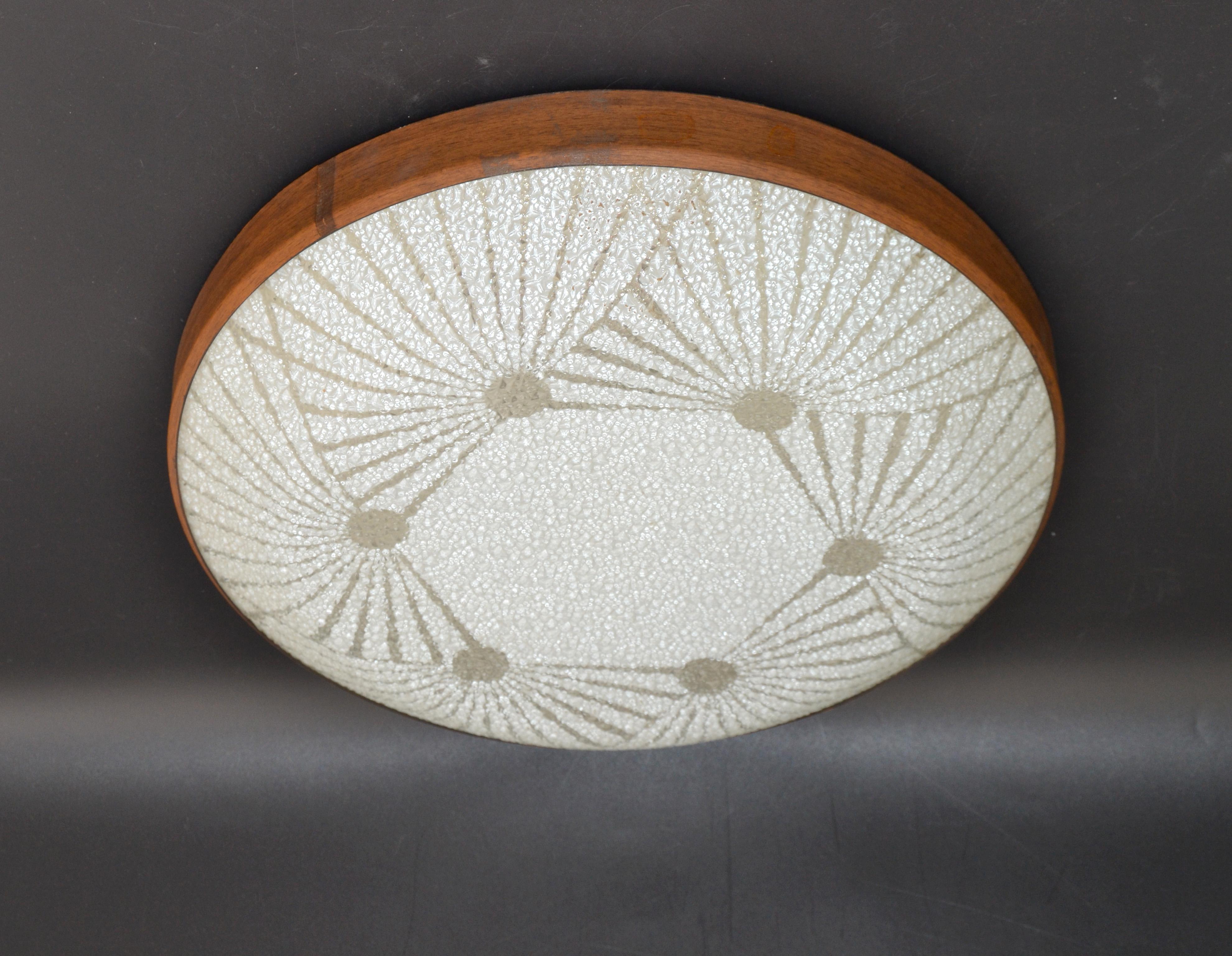 Austrian Frosted Glass & Teak Flush Mount Mid-Century Modern In Good Condition For Sale In Miami, FL