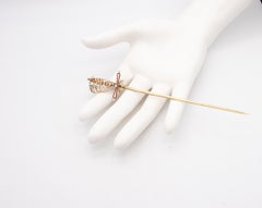 Austrian German 1900 Sword Pin Jabot 18Kt Yellow Gold Enamel, Diamond And Pearls