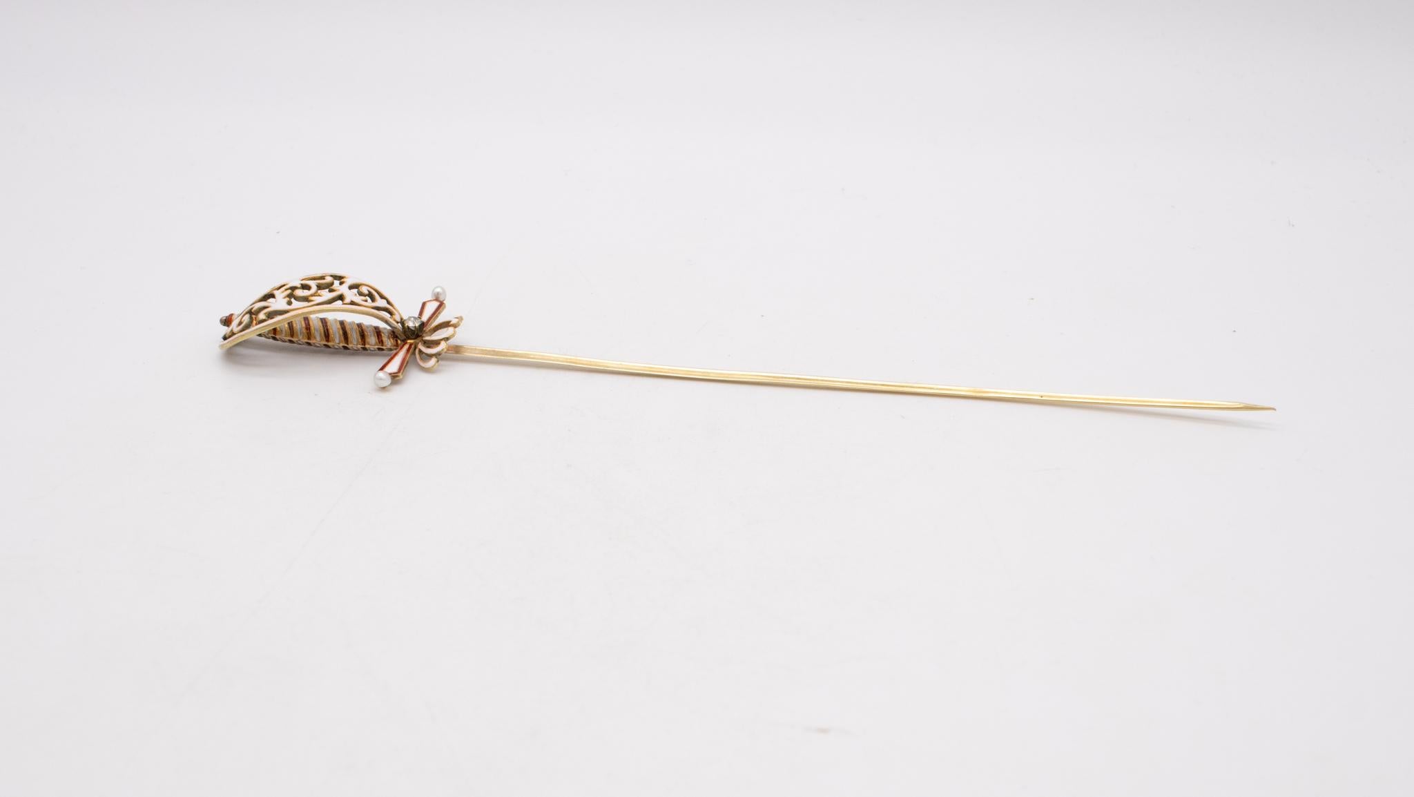 Art Nouveau Austrian German 1900 Sword Pin Jabot 18Kt Yellow Gold Enamel, Diamond And Pearls For Sale