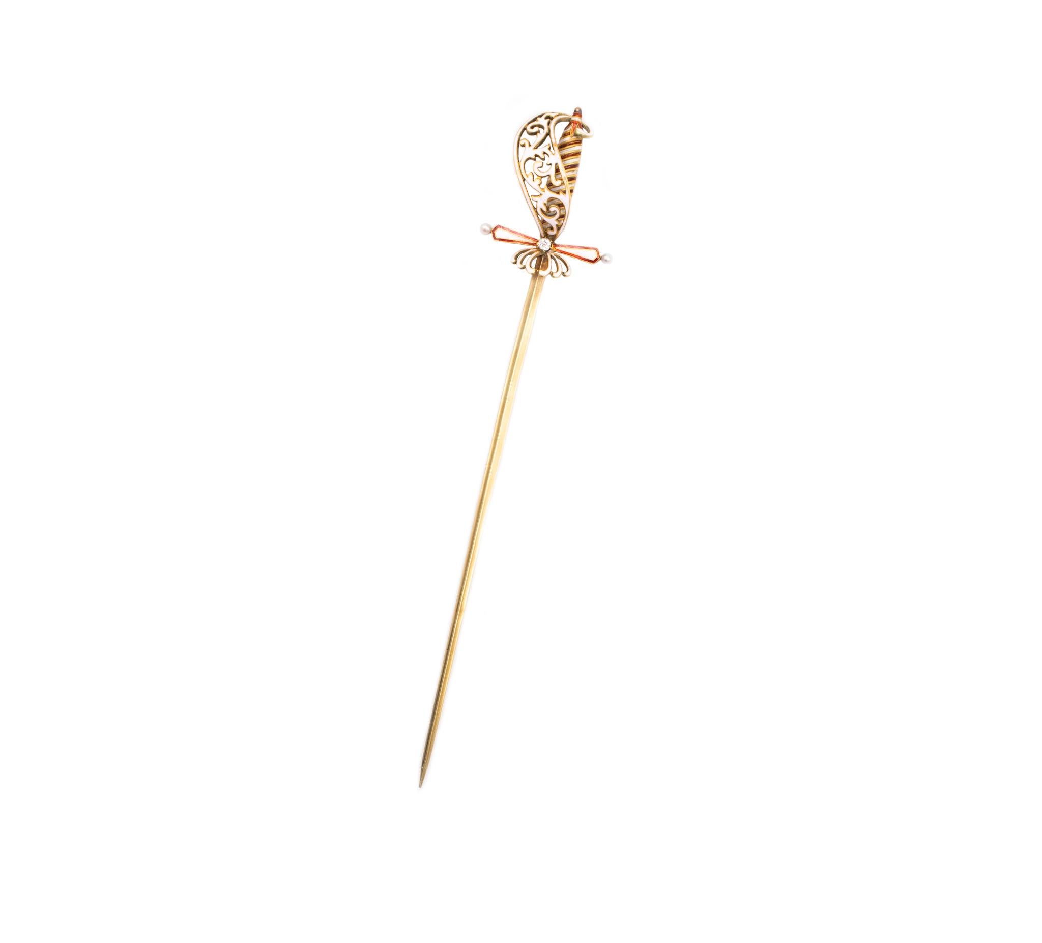 Women's or Men's Austrian German 1900 Sword Pin Jabot 18Kt Yellow Gold Enamel, Diamond And Pearls For Sale