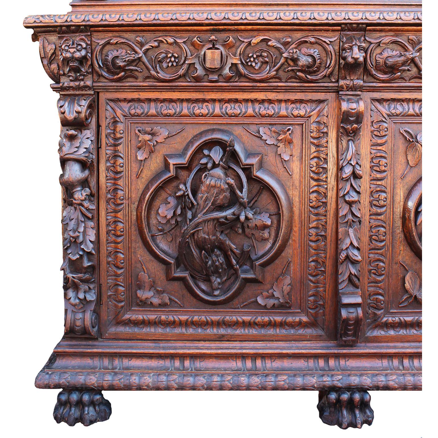 Black Forest Austrian-German 19th Century Carved Walnut Black-Forest Hunt Credenza Bookcase For Sale