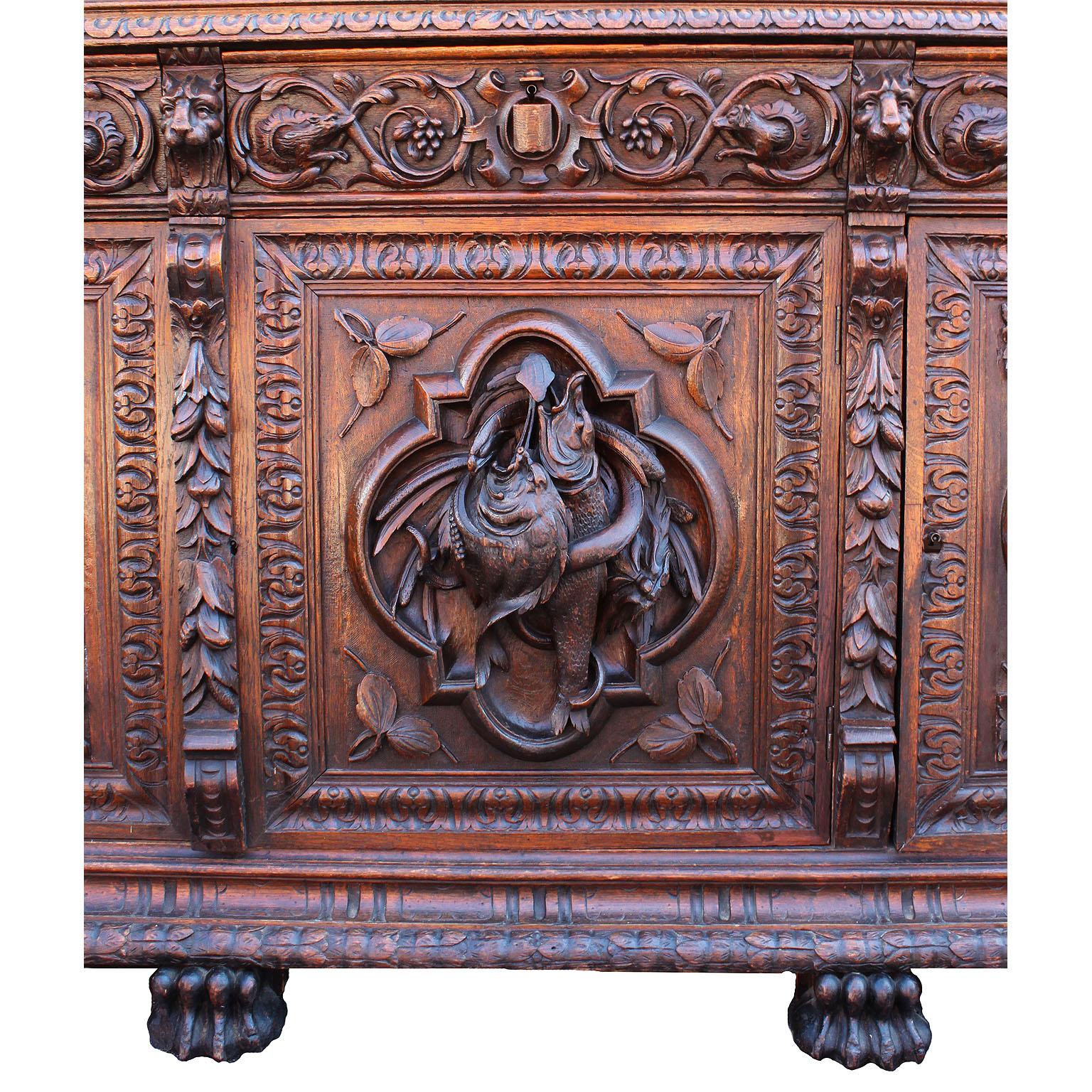 Hand-Carved Austrian-German 19th Century Carved Walnut Black-Forest Hunt Credenza Bookcase For Sale