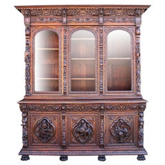 Antique Austrian-German 19th Century Carved Walnut Black-Forest Hunt Credenza Bookcase