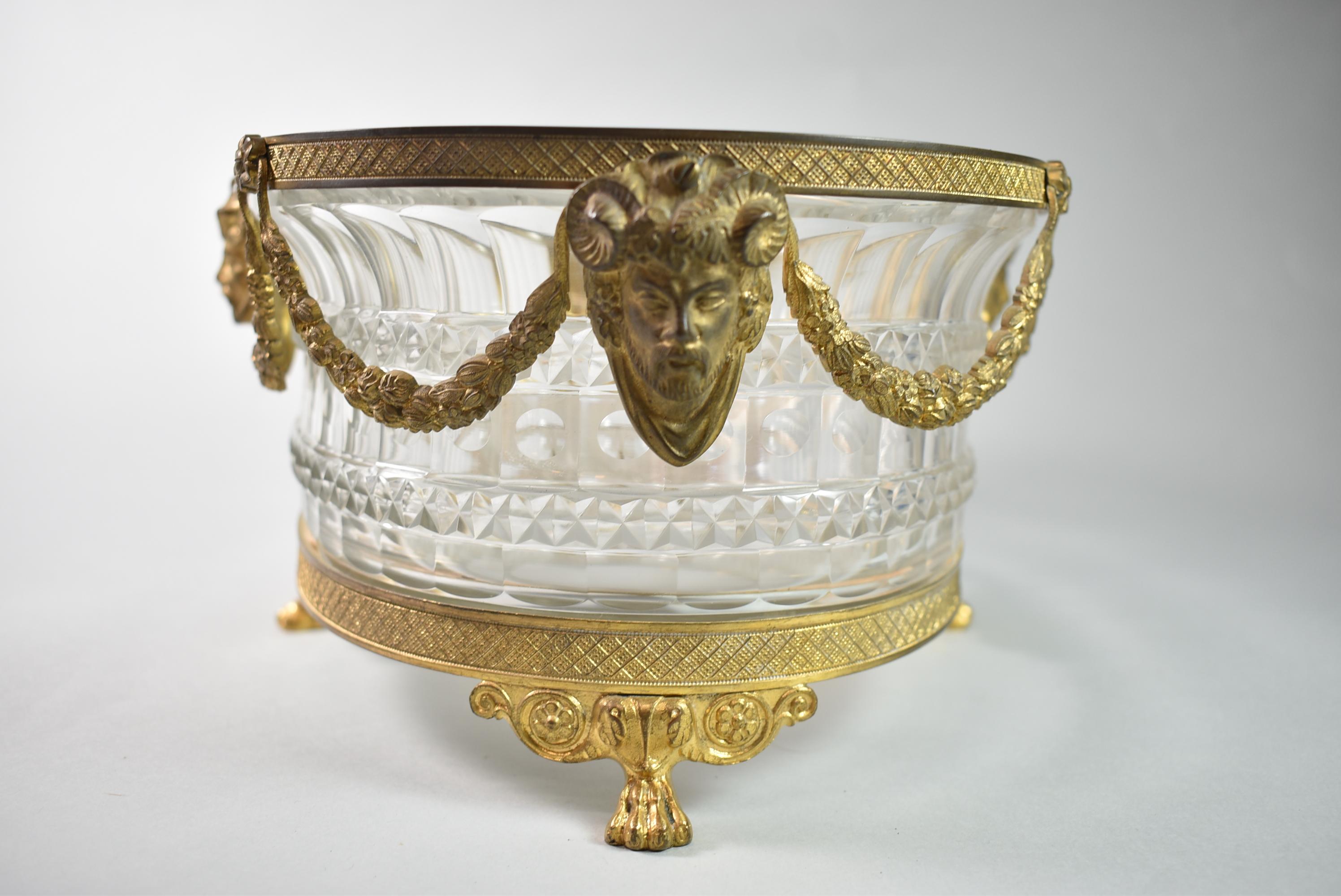 20th Century Austrian Gilt Bronze Crystal Centerpiece Oval Footed Bowl For Sale