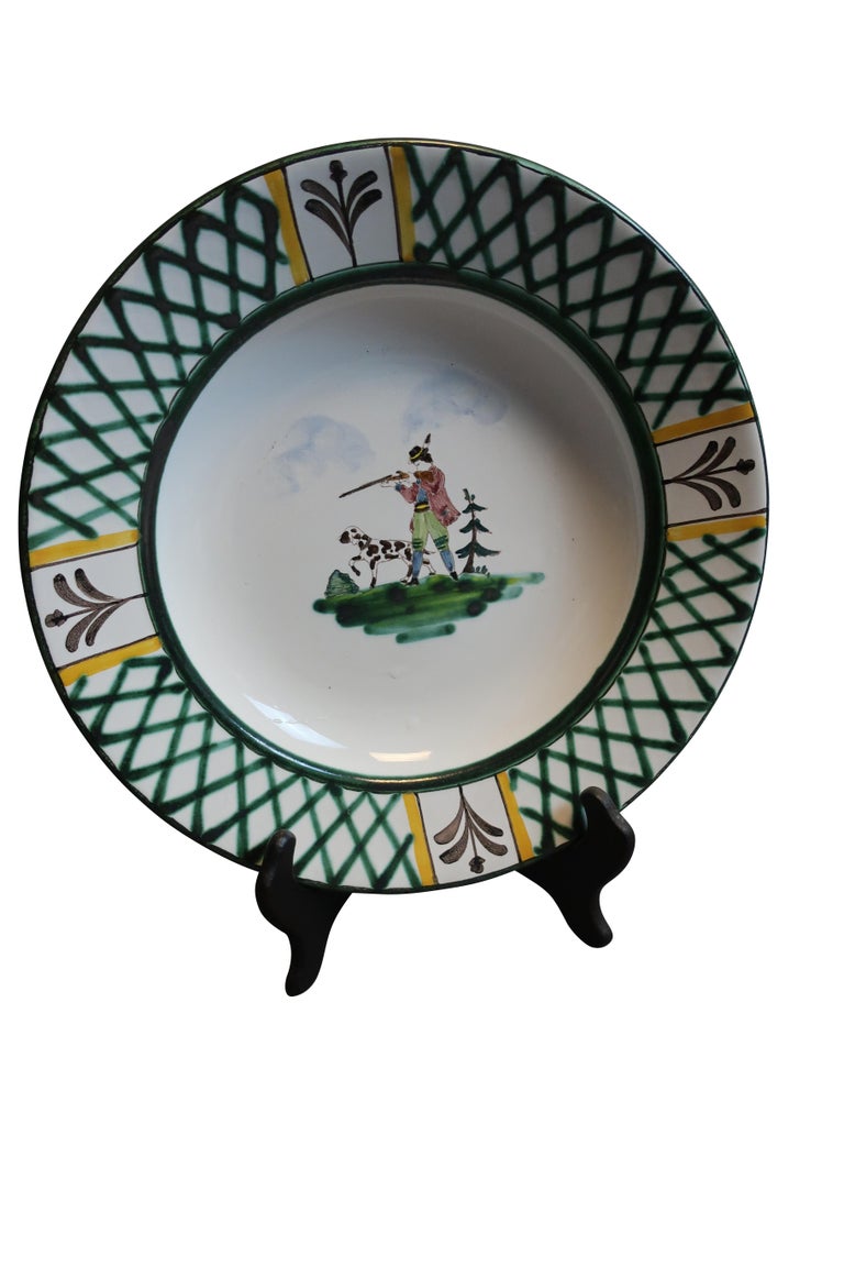 Austrian Gmunden Green and White Hunter Porcelain Plates For Sale at