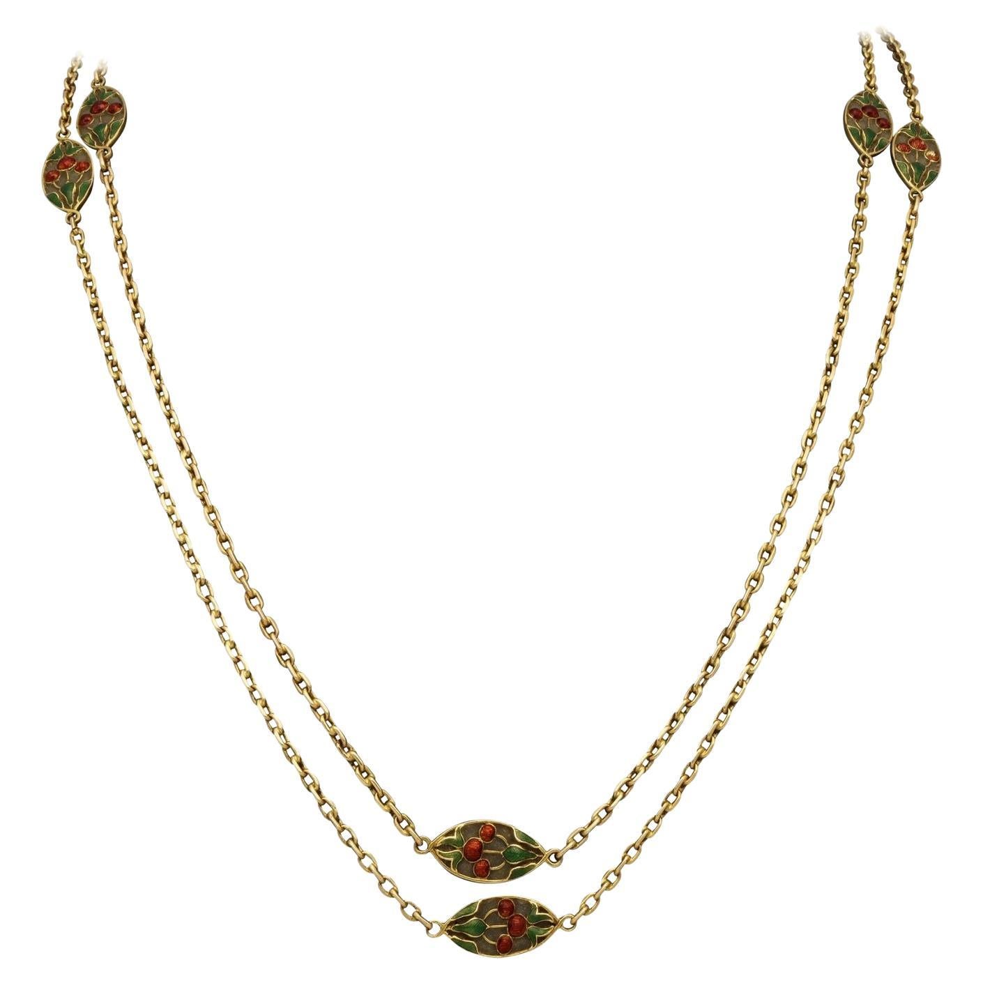 Austrian Gold and Enamel Long Chain Necklace Cherry Decoration Austrian 1910 For Sale