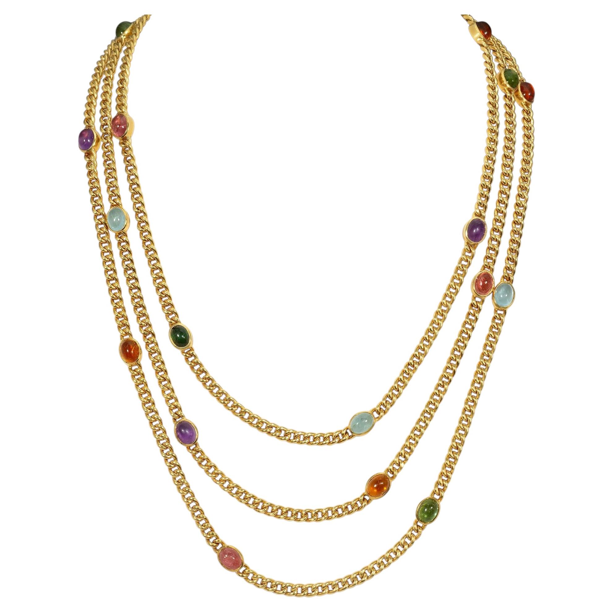 Austrian gold and multi-gem cabochon longuard chain necklace For Sale