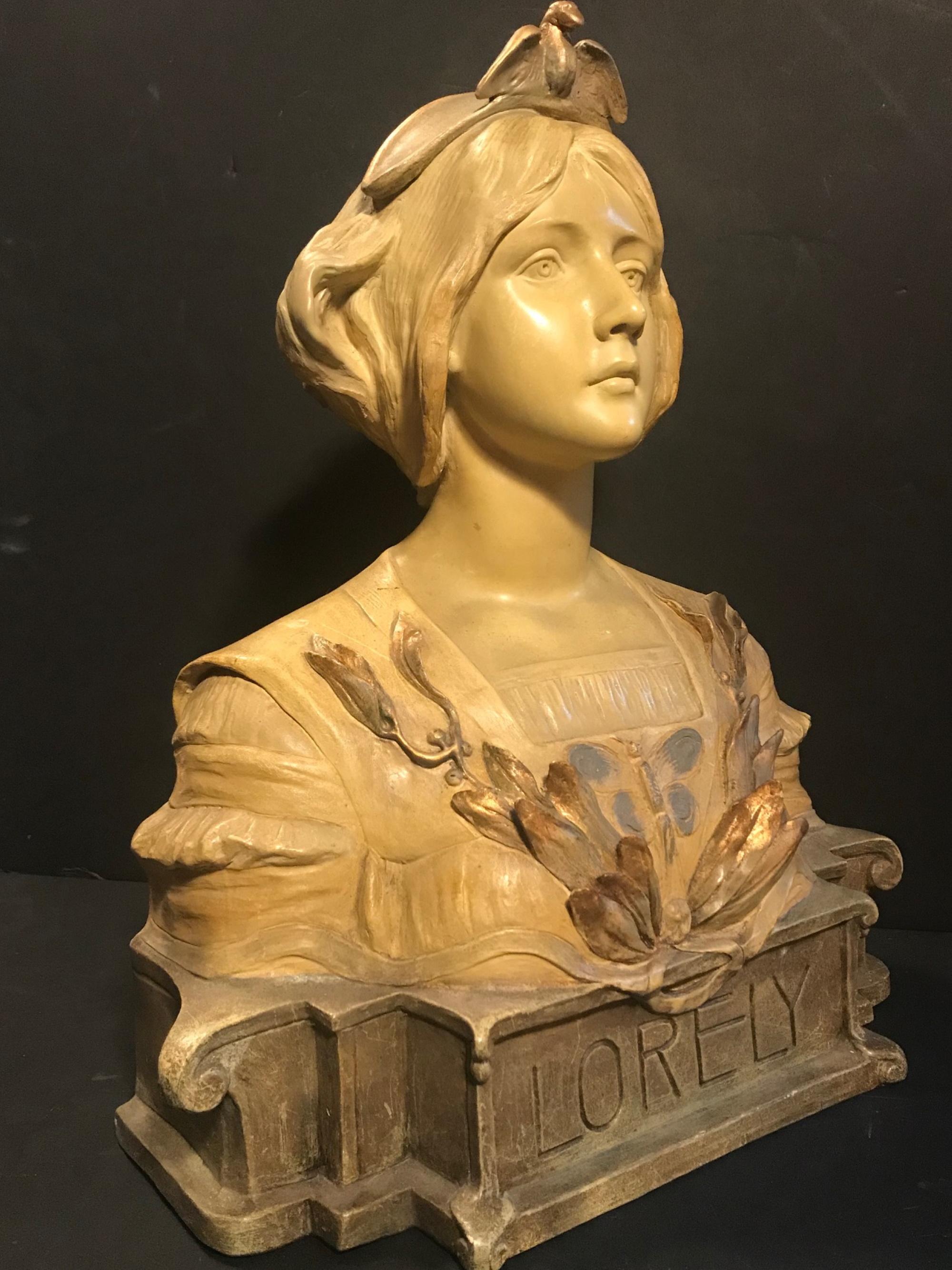 Polychromed Austrian Goldscheider Terracotta Bust of Lorely, circa 1900