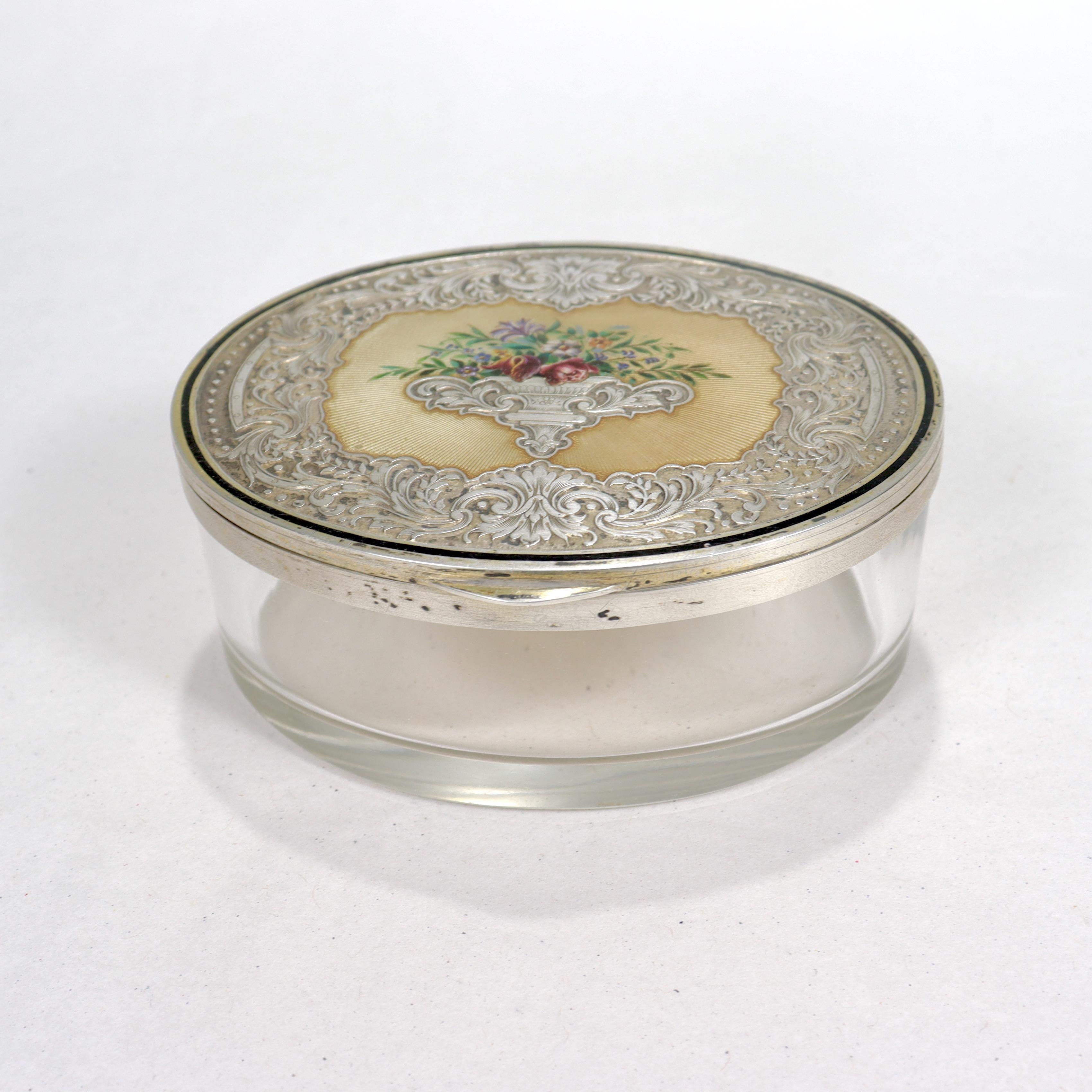 Women's or Men's Austrian Guilloche Enamel Silver & Glass Table or Dresser Box For Sale