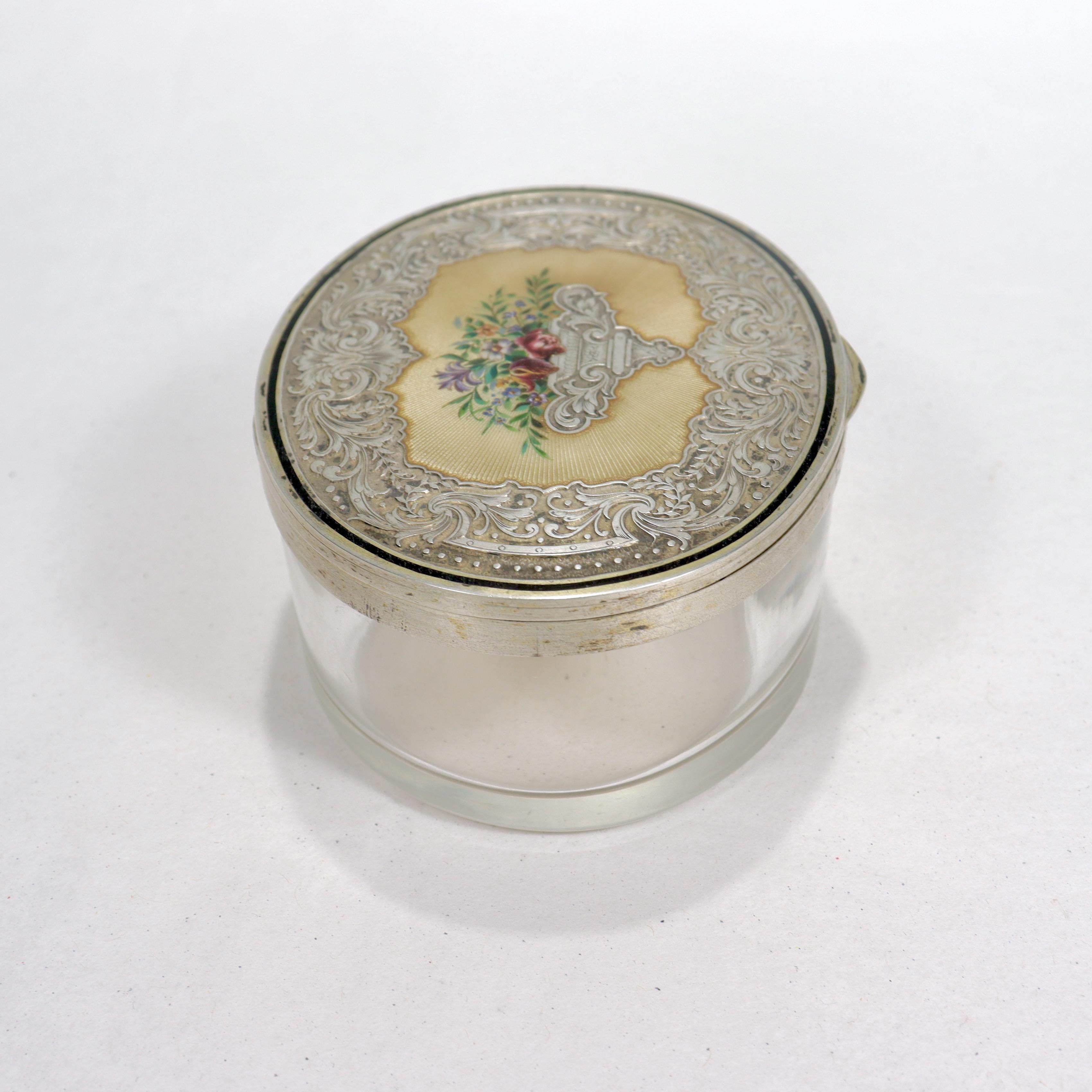 Women's or Men's Austrian Guilloche Enamel Silver & Glass Table or Dresser Box For Sale