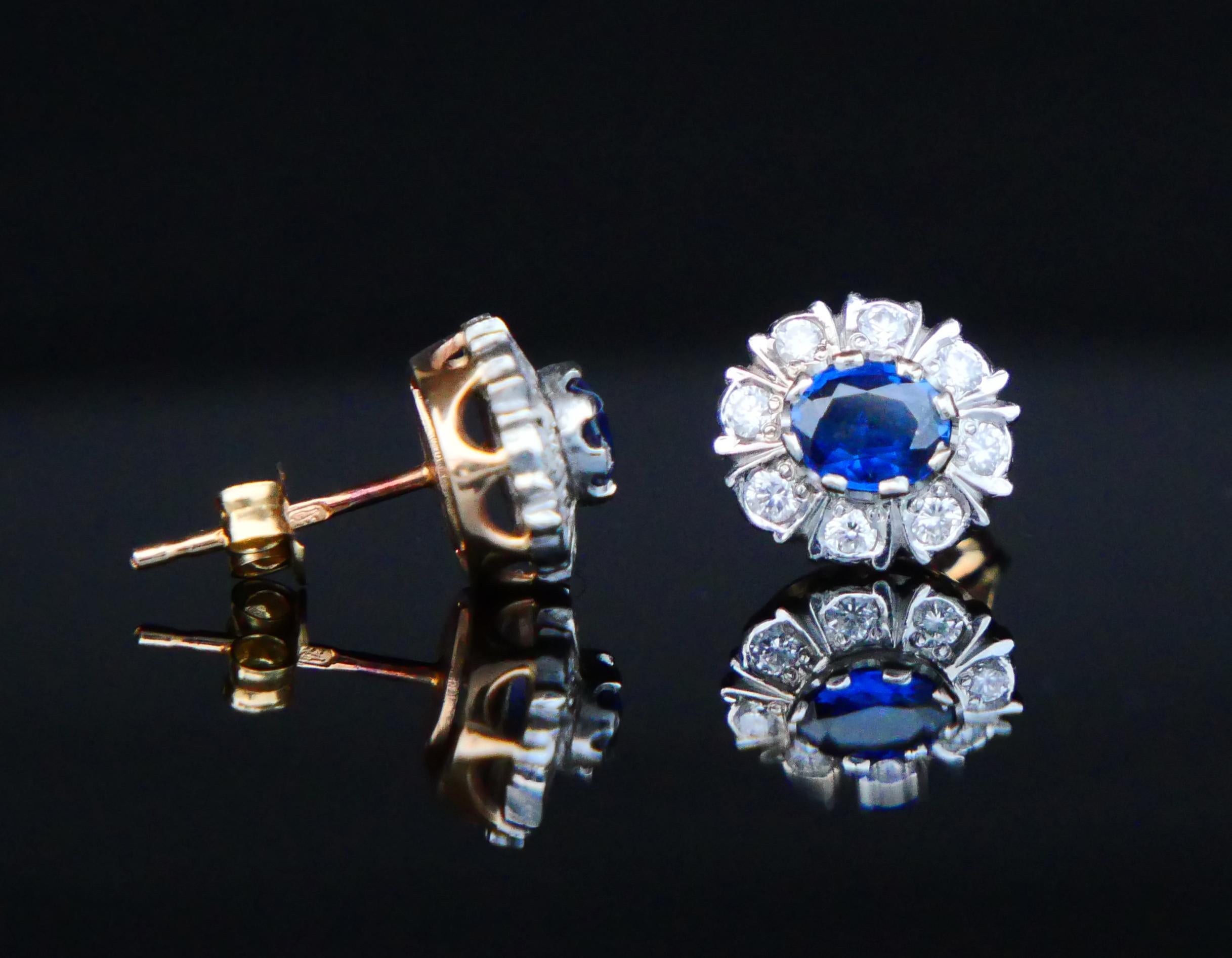 Retro Austrian Halo Earrings 1.5ctw Sapphires 0.6ctw Diamonds solid 14K/18KGold /3.2gr For Sale