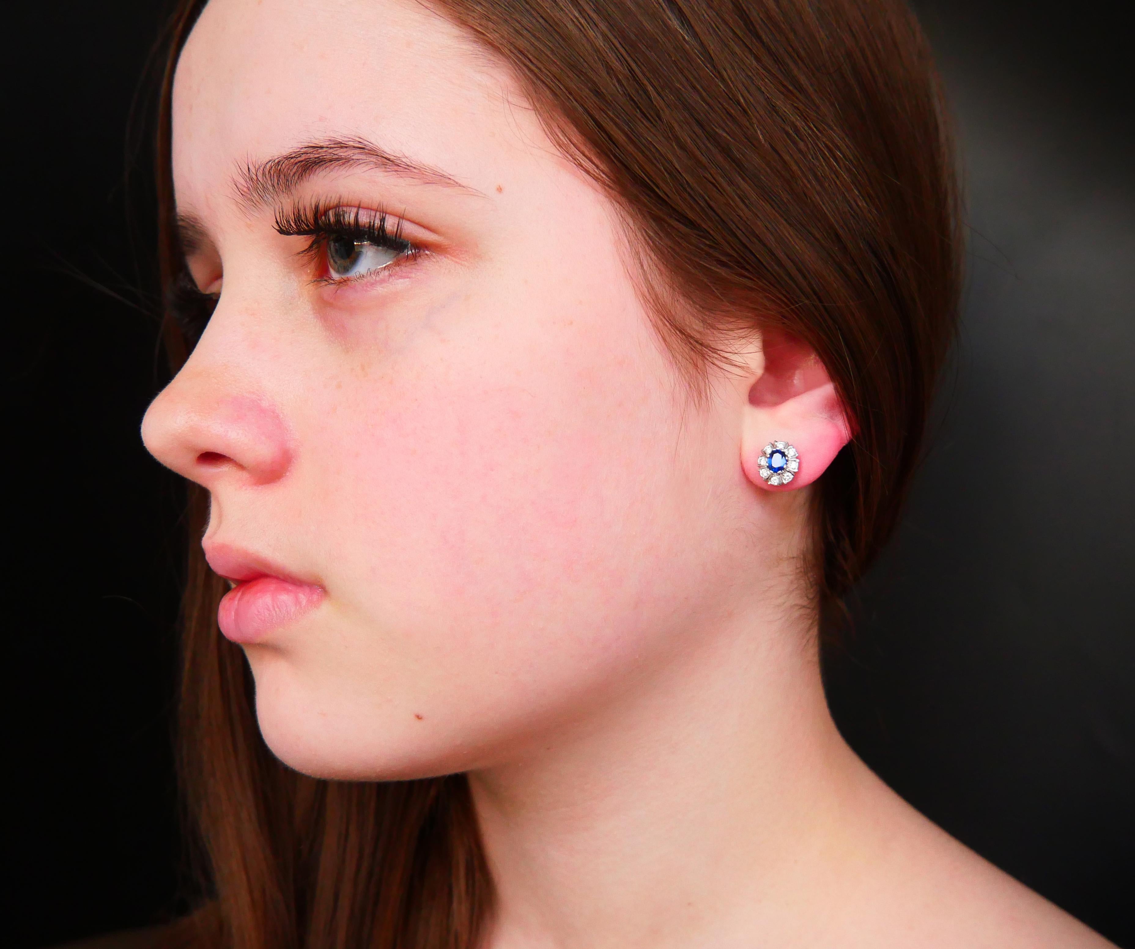 Austrian Halo Earrings 1.5ctw Sapphires 0.6ctw Diamonds solid 14K/18KGold /3.2gr For Sale 1