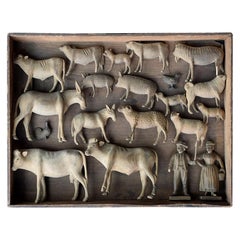 Antique Austrian Hand Carved Folkart Set Farm Animals in Original Wooden Box, circa 1870