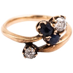 Austrian Hungarian 14 Karat Diamond Sapphire Clover Ring, circa 1890s