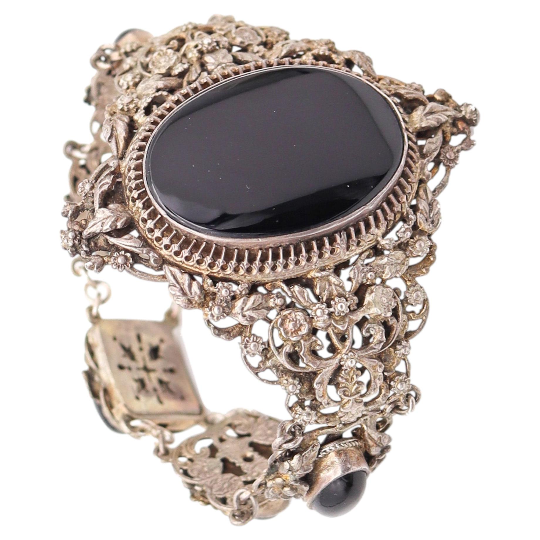 AUSTRIAN HUNGARIAN 1880 Victorian Bracelet In Sterling Silver With Onyxes