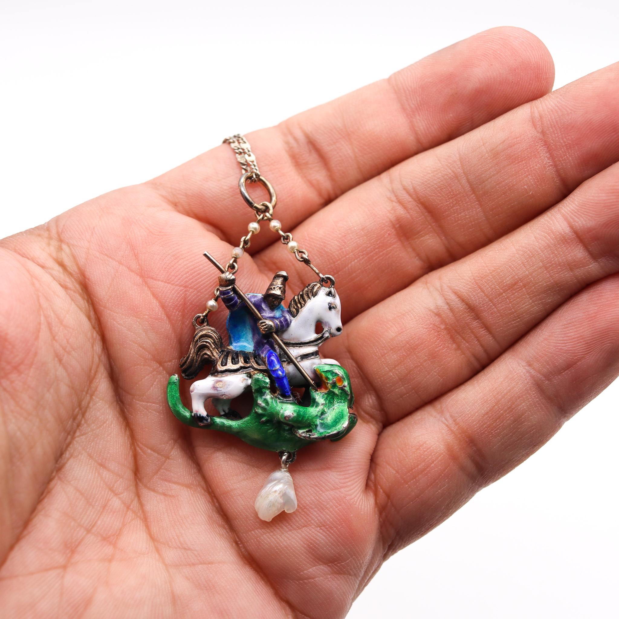 Women's Austrian-Hungarian 1900 Enameled St George and the Dragon in 935 Sterling Silver