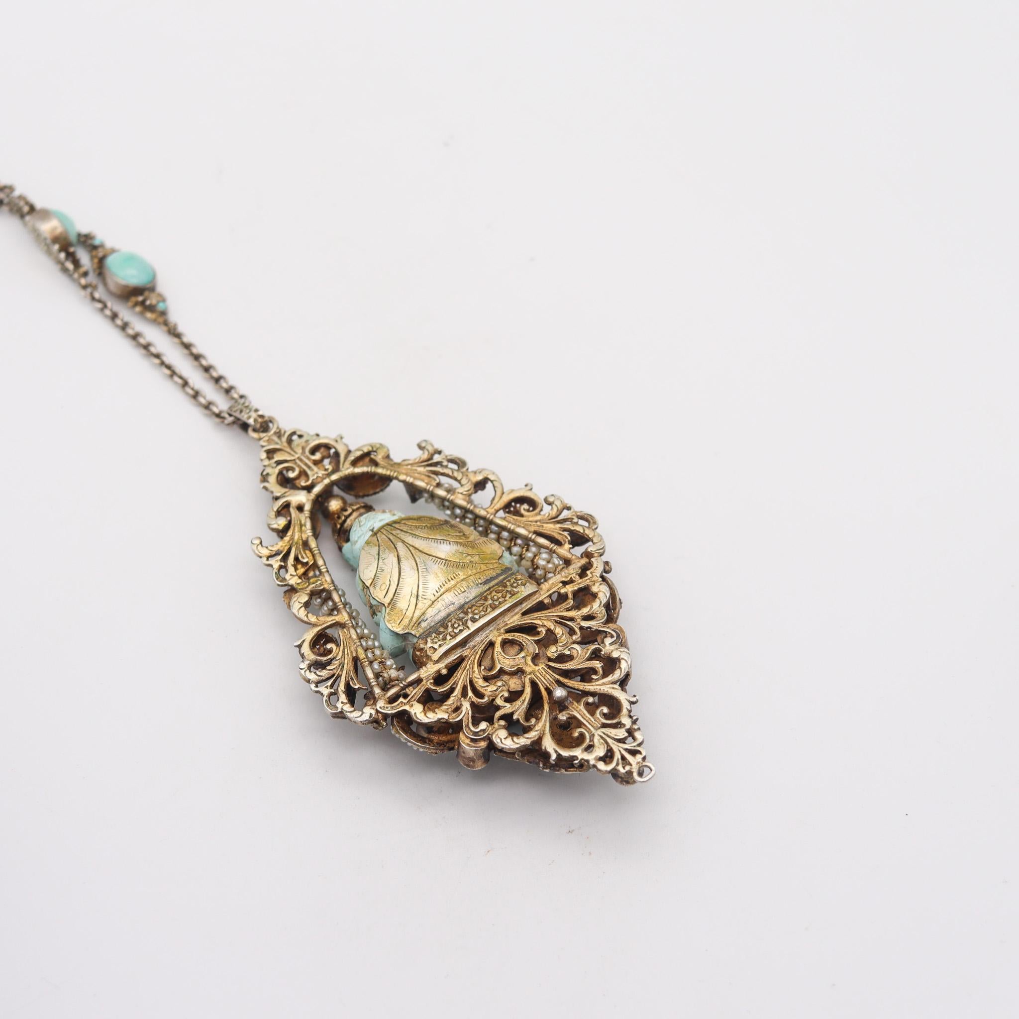 Austrian Hungarian 1910 Buddha Pendant Sautoir In Gilded Sterling With Turquoise For Sale 1