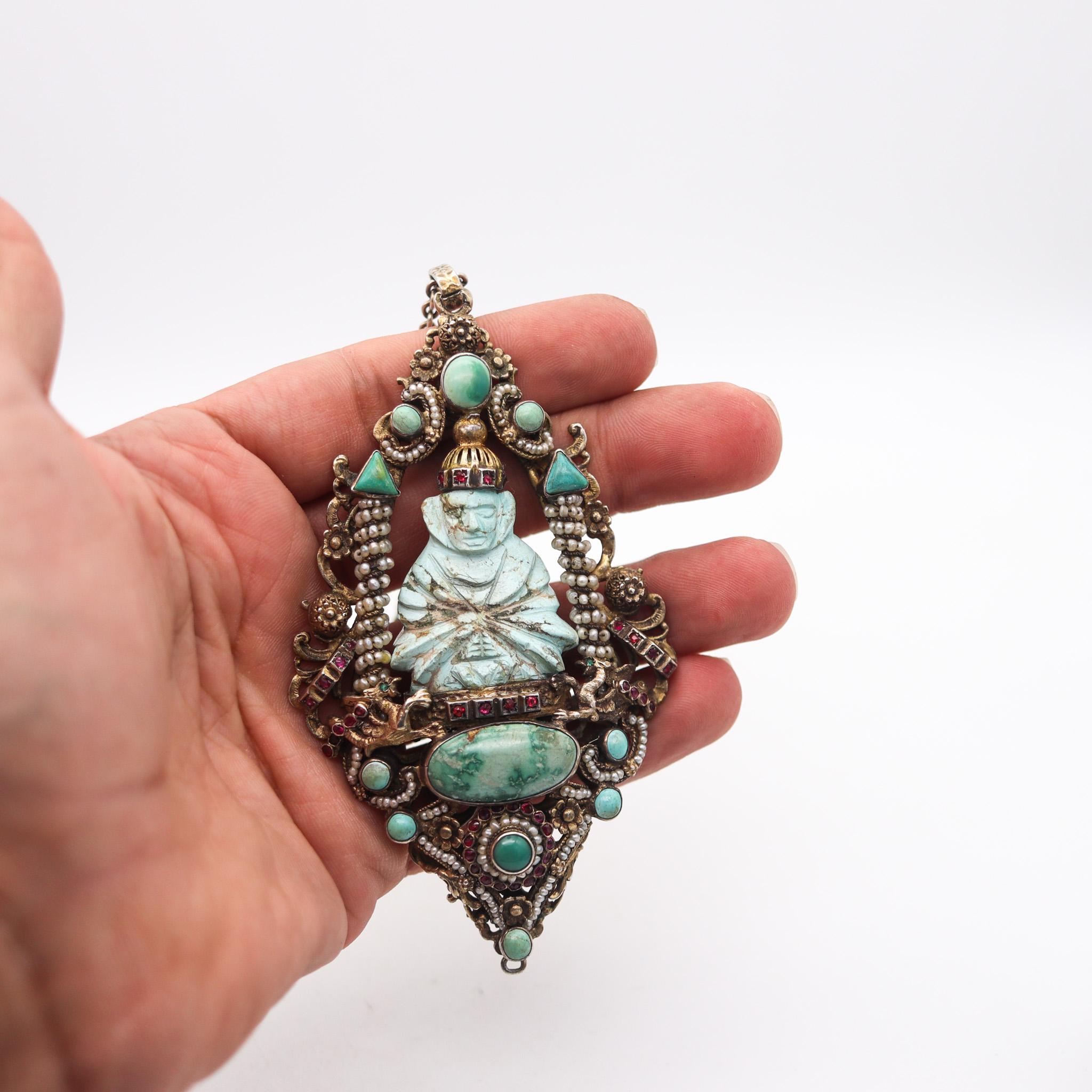 Austrian Hungarian 1910 Buddha Pendant Sautoir In Gilded Sterling With Turquoise For Sale 2