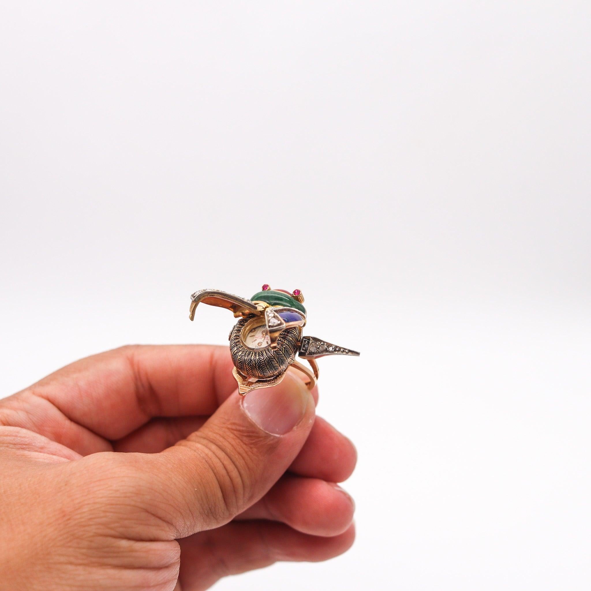 AUSTRIAN HUNGARIAN 1915 Enameled Beetle Watch Ring In 18Kt Gold & Diamonds For Sale 6