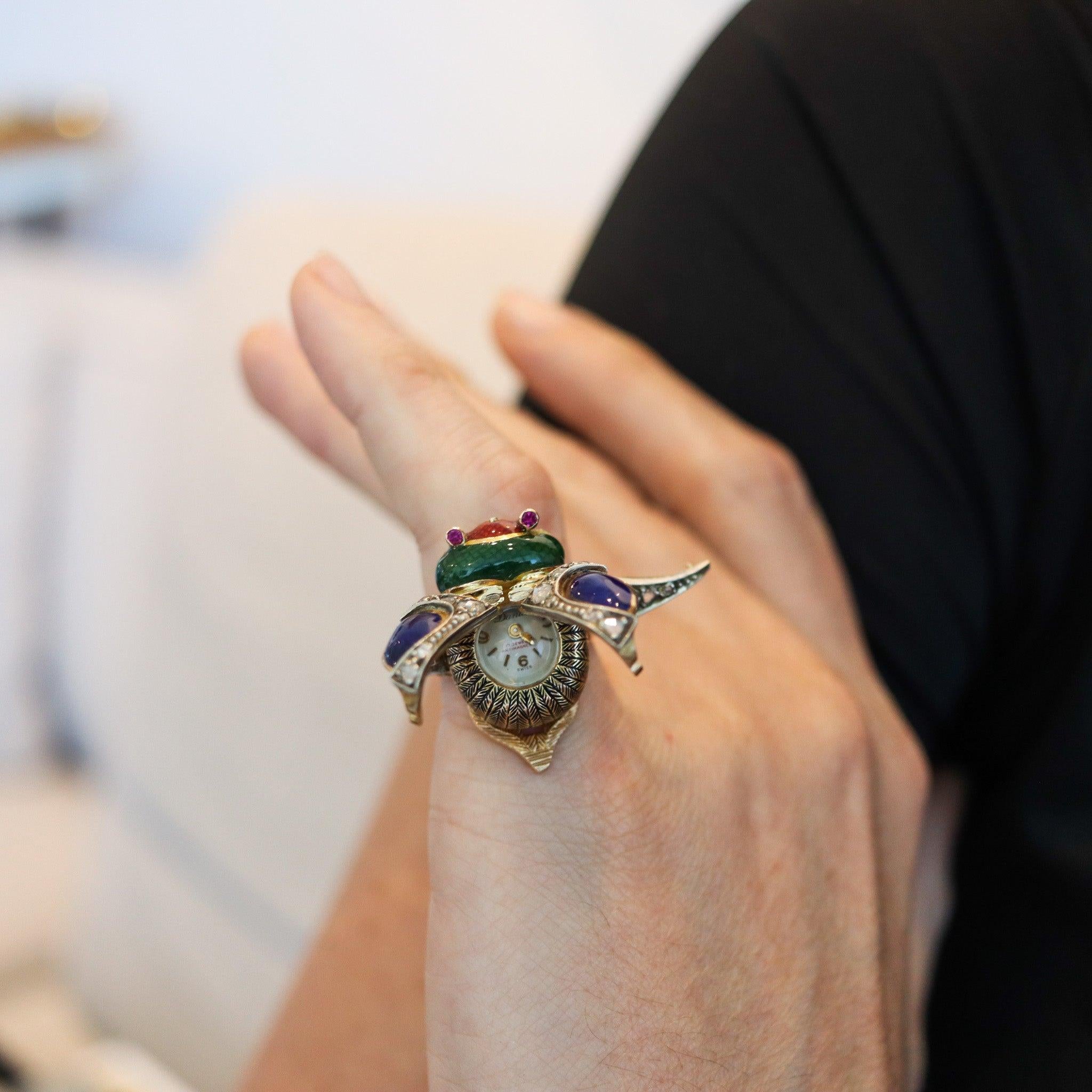 Art Nouveau AUSTRIAN HUNGARIAN 1915 Enameled Beetle Watch Ring In 18Kt Gold & Diamonds For Sale