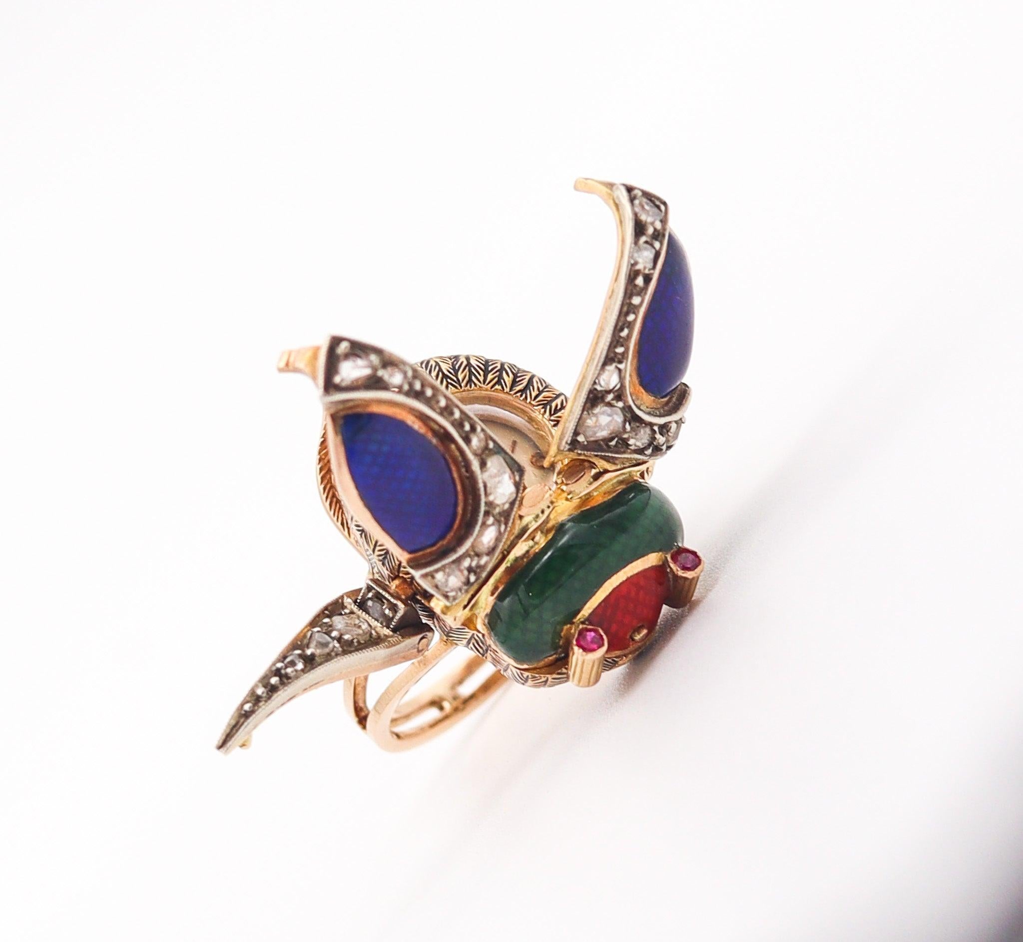 Rose Cut AUSTRIAN HUNGARIAN 1915 Enameled Beetle Watch Ring In 18Kt Gold & Diamonds For Sale