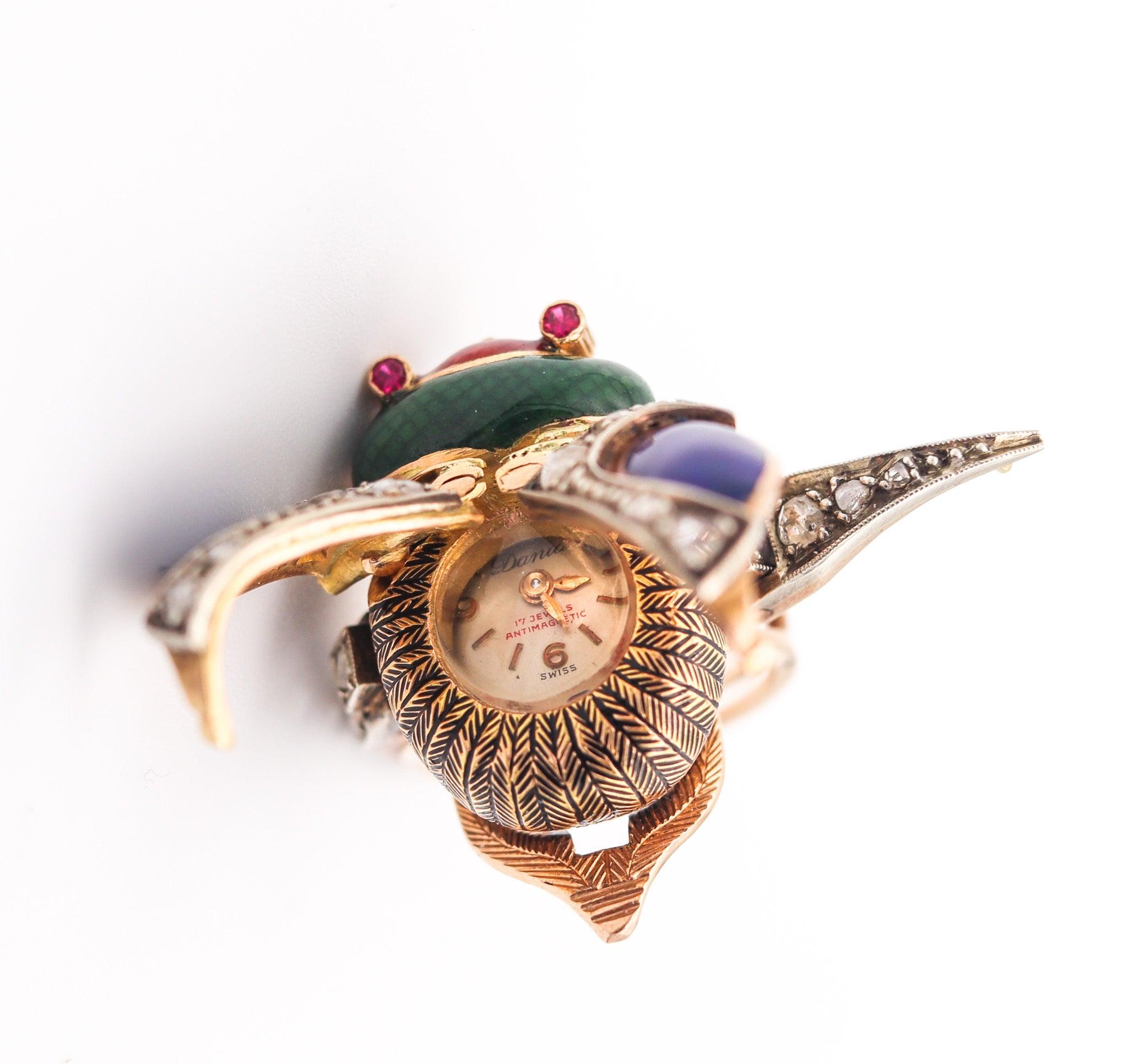 AUSTRIAN HUNGARIAN 1915 Enameled Beetle Watch Ring In 18Kt Gold & Diamonds In Excellent Condition For Sale In Miami, FL