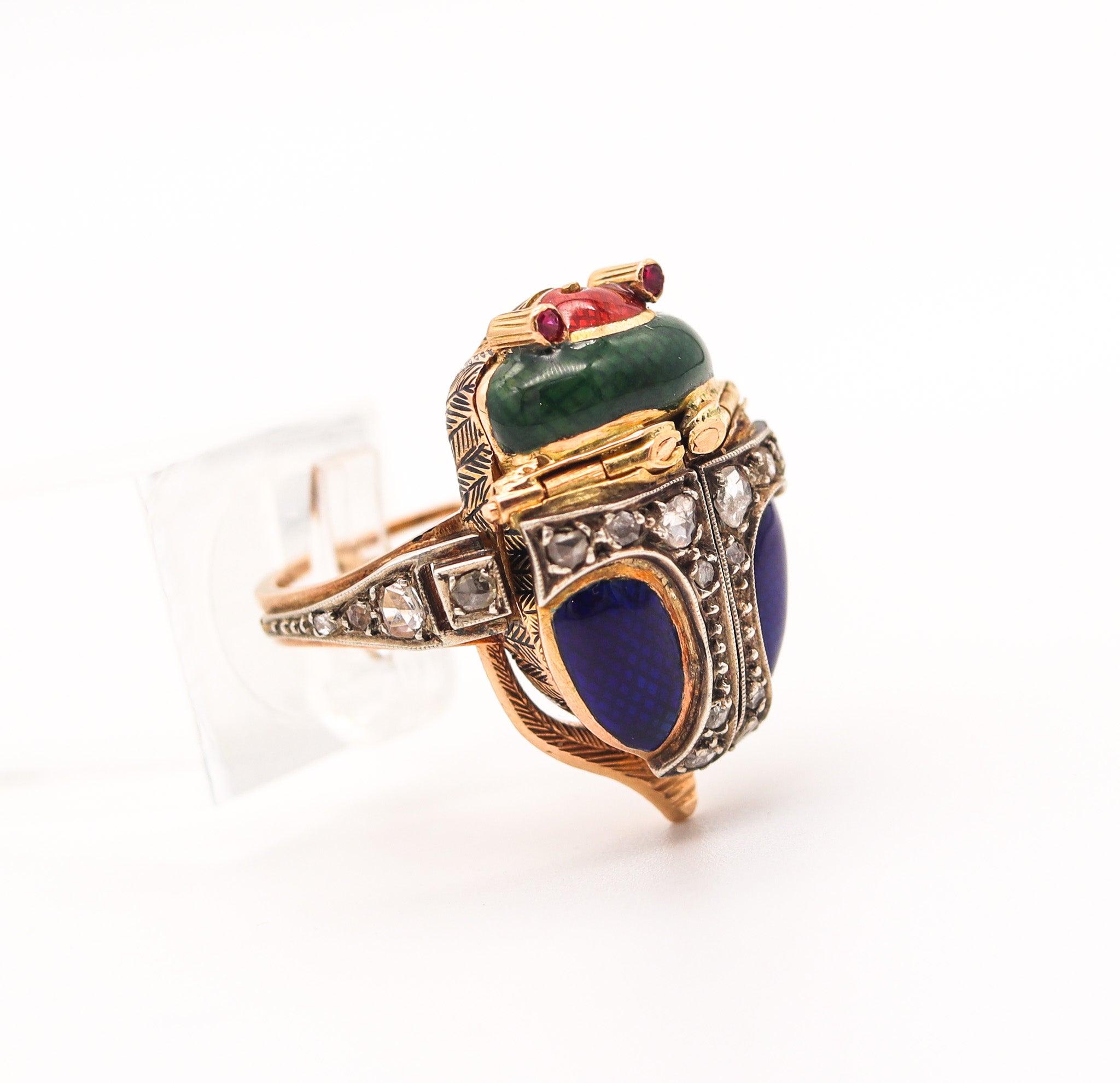 Women's AUSTRIAN HUNGARIAN 1915 Enameled Beetle Watch Ring In 18Kt Gold & Diamonds For Sale