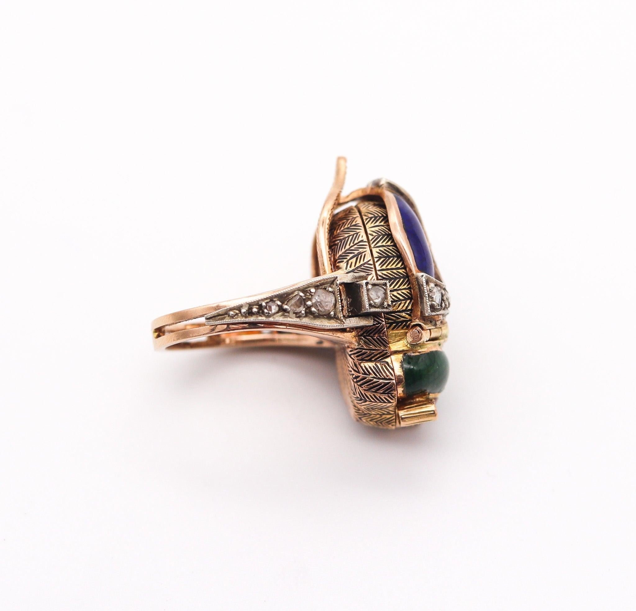 AUSTRIAN HUNGARIAN 1915 Enameled Beetle Watch Ring In 18Kt Gold & Diamonds For Sale 1
