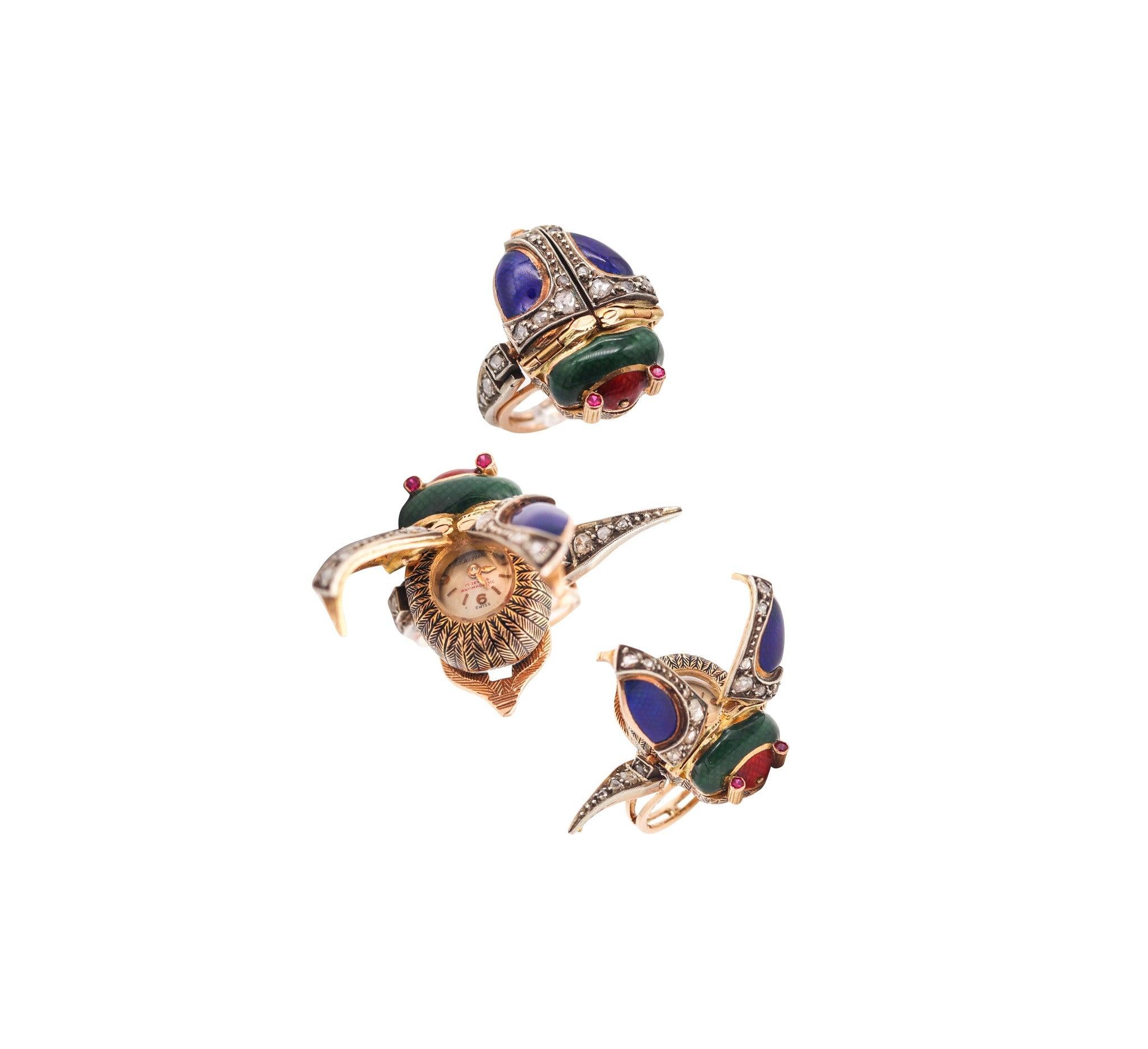 AUSTRIAN HUNGARIAN 1915 Enameled Beetle Watch Ring In 18Kt Gold & Diamonds For Sale 2