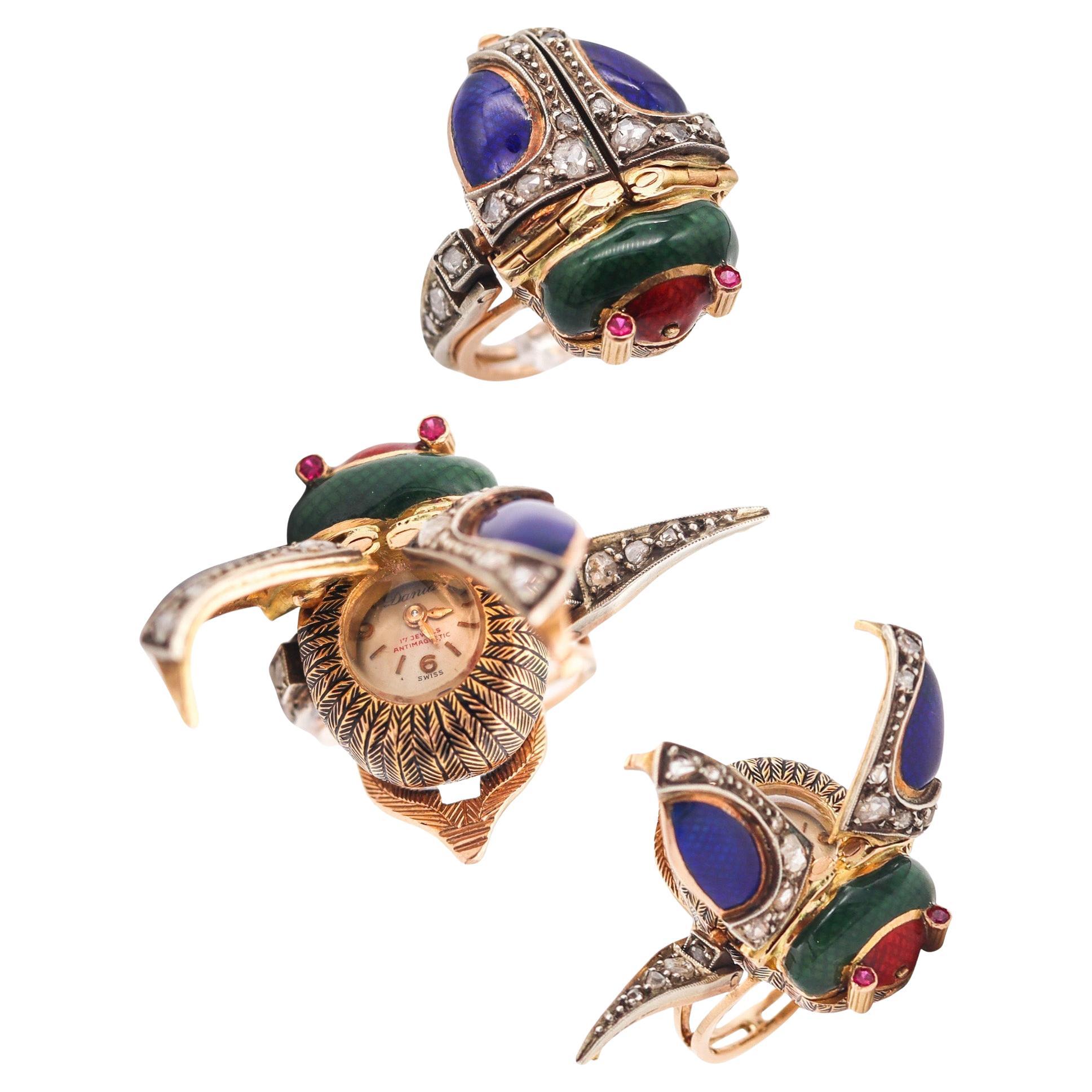 AUSTRIAN HUNGARIAN 1915 Enameled Beetle Watch Ring In 18Kt Gold & Diamonds