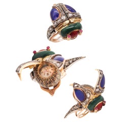 Anello orologio con scarabeo smaltato in oro 18Kt e diamanti AUSTRIAN HUNGARIAN 1915