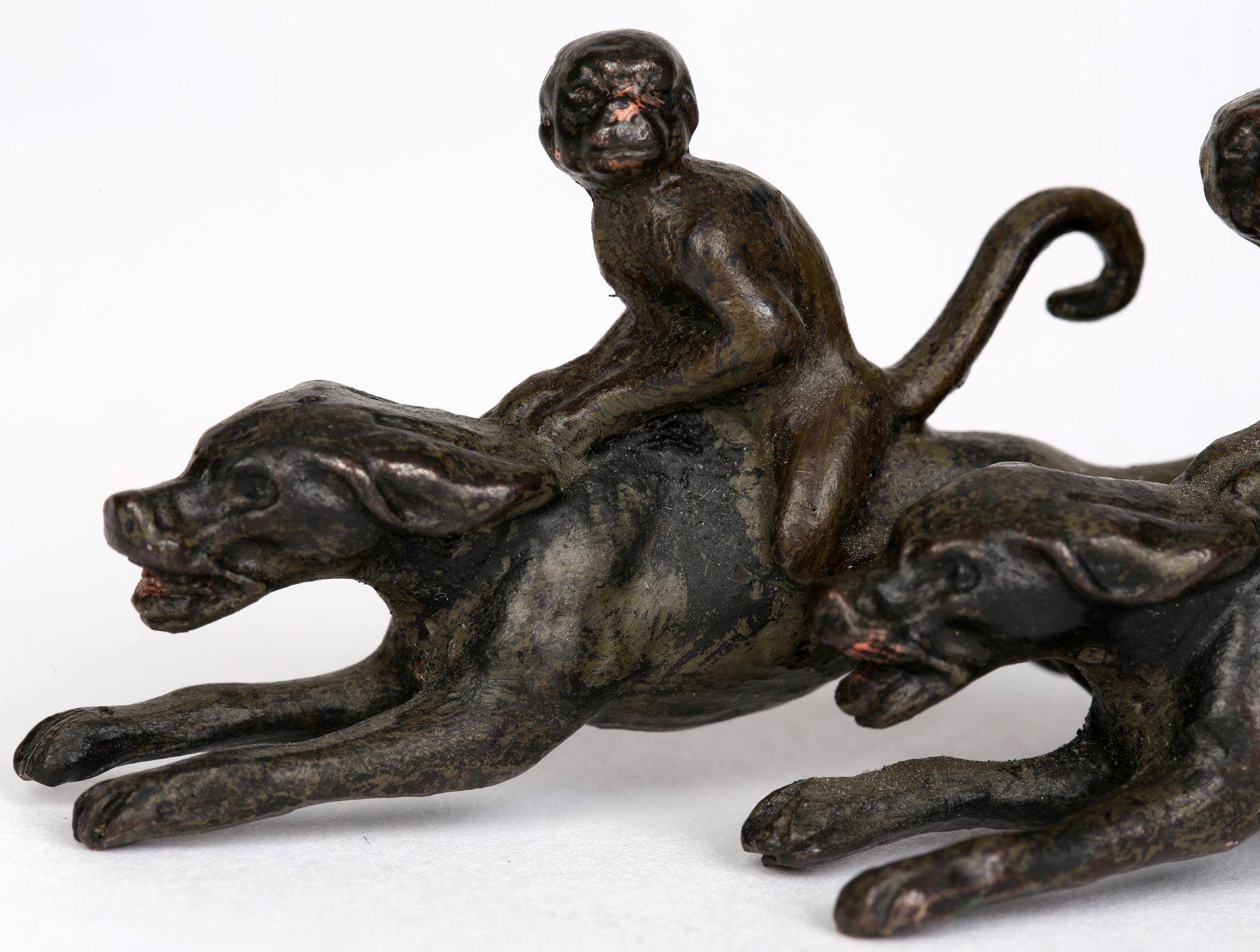 Art Nouveau Austrian in the Manner of Bergman Cold Painted Bronze Moneys Riding on Dogs For Sale