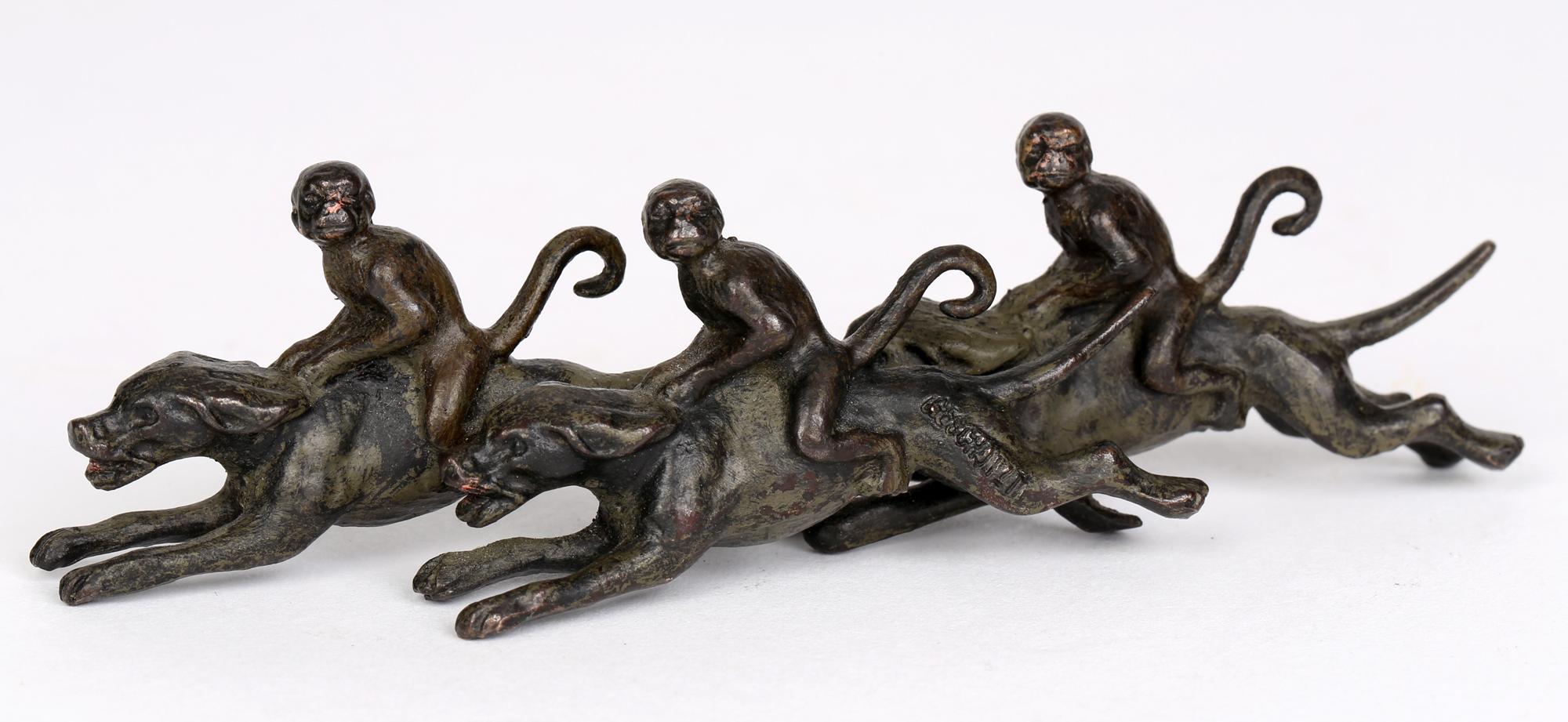 Cold-Painted Austrian in the Manner of Bergman Cold Painted Bronze Moneys Riding on Dogs For Sale