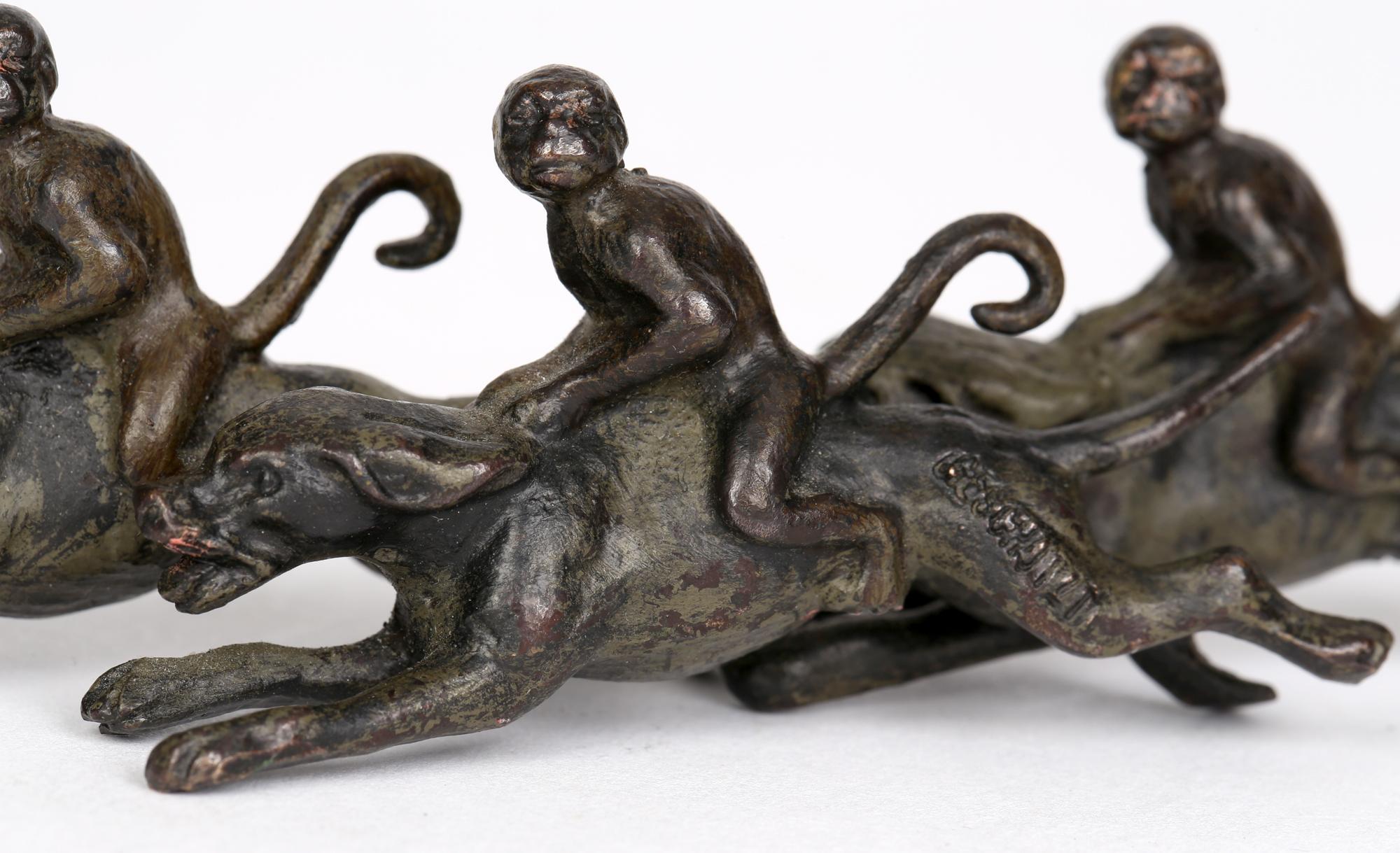 Early 20th Century Austrian in the Manner of Bergman Cold Painted Bronze Moneys Riding on Dogs For Sale