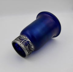 Austrian Iridescent Blue Art Glass Vase with an Art Nouveau Silver Metal Collar