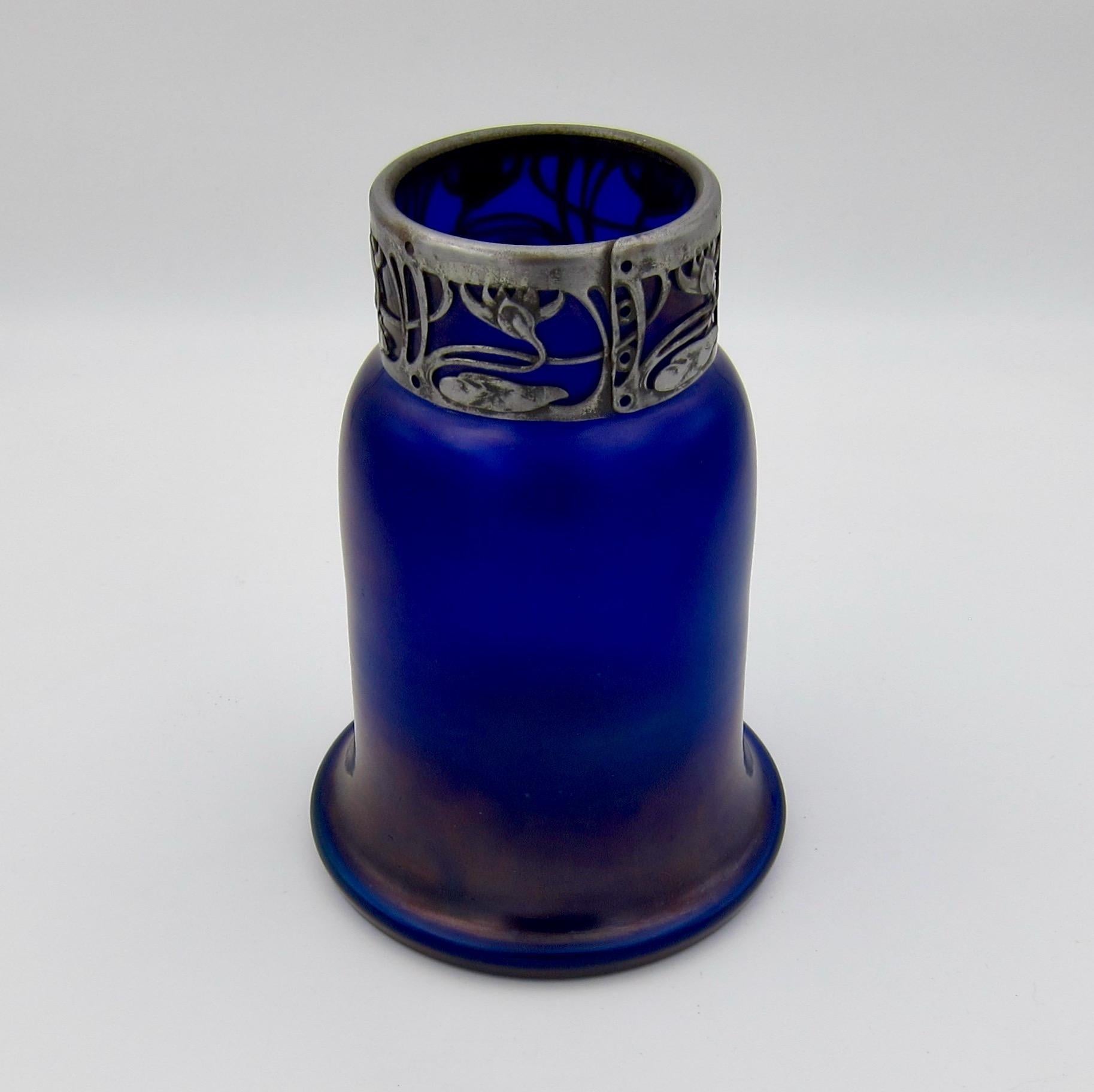 20th Century Austrian Iridescent Blue Art Glass Vase with an Art Nouveau Silver Metal Collar