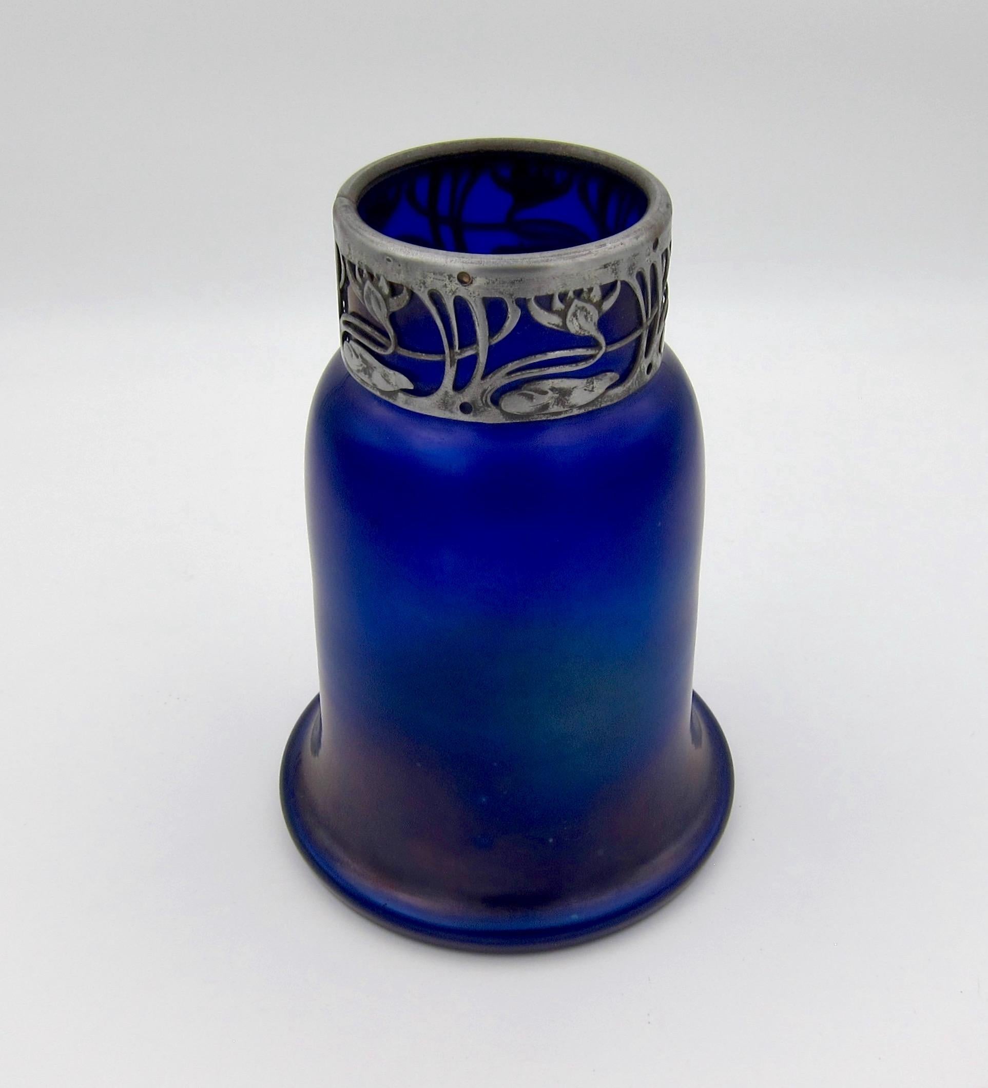 Austrian Iridescent Blue Art Glass Vase with an Art Nouveau Silver Metal Collar 1