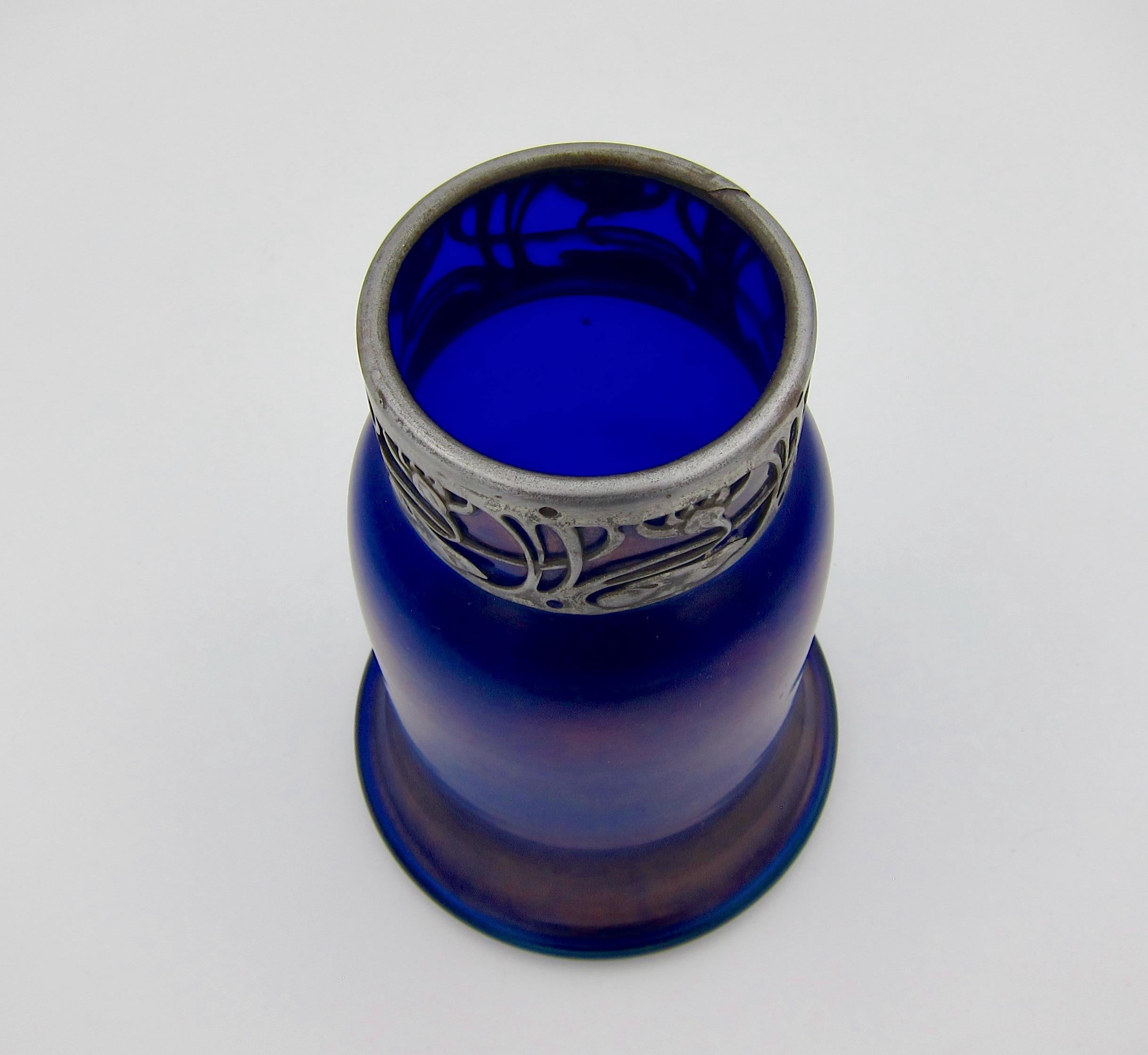Austrian Iridescent Blue Art Glass Vase with an Art Nouveau Silver Metal Collar 2