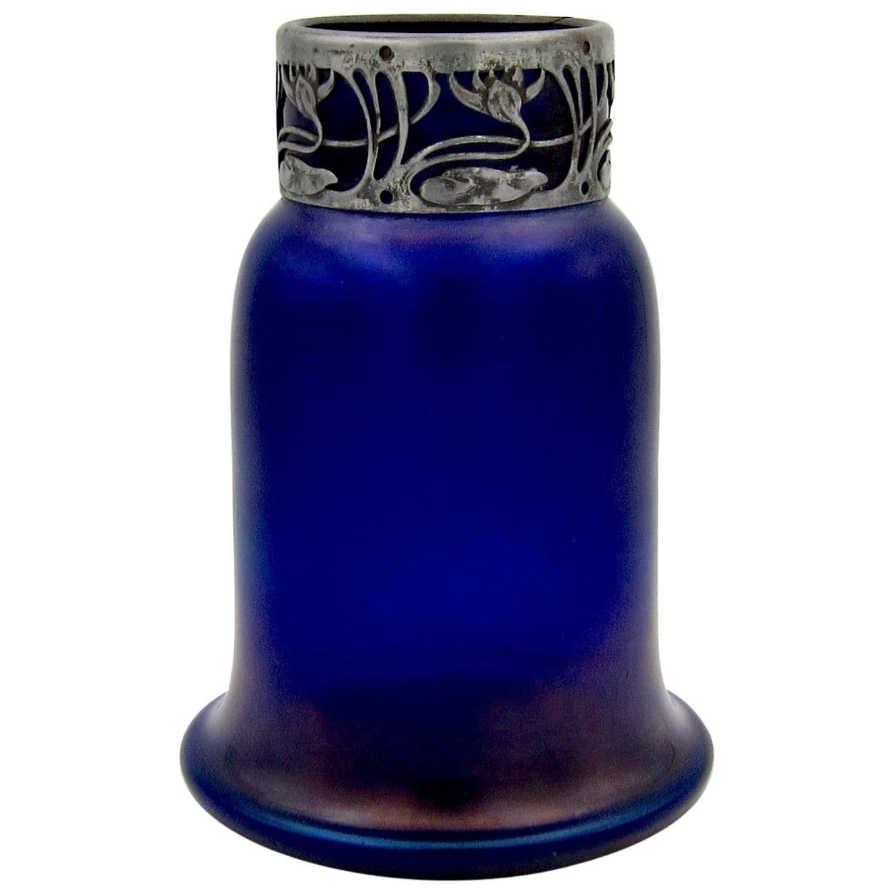 Austrian Iridescent Blue Art Glass Vase with an Art Nouveau Silver Metal Collar