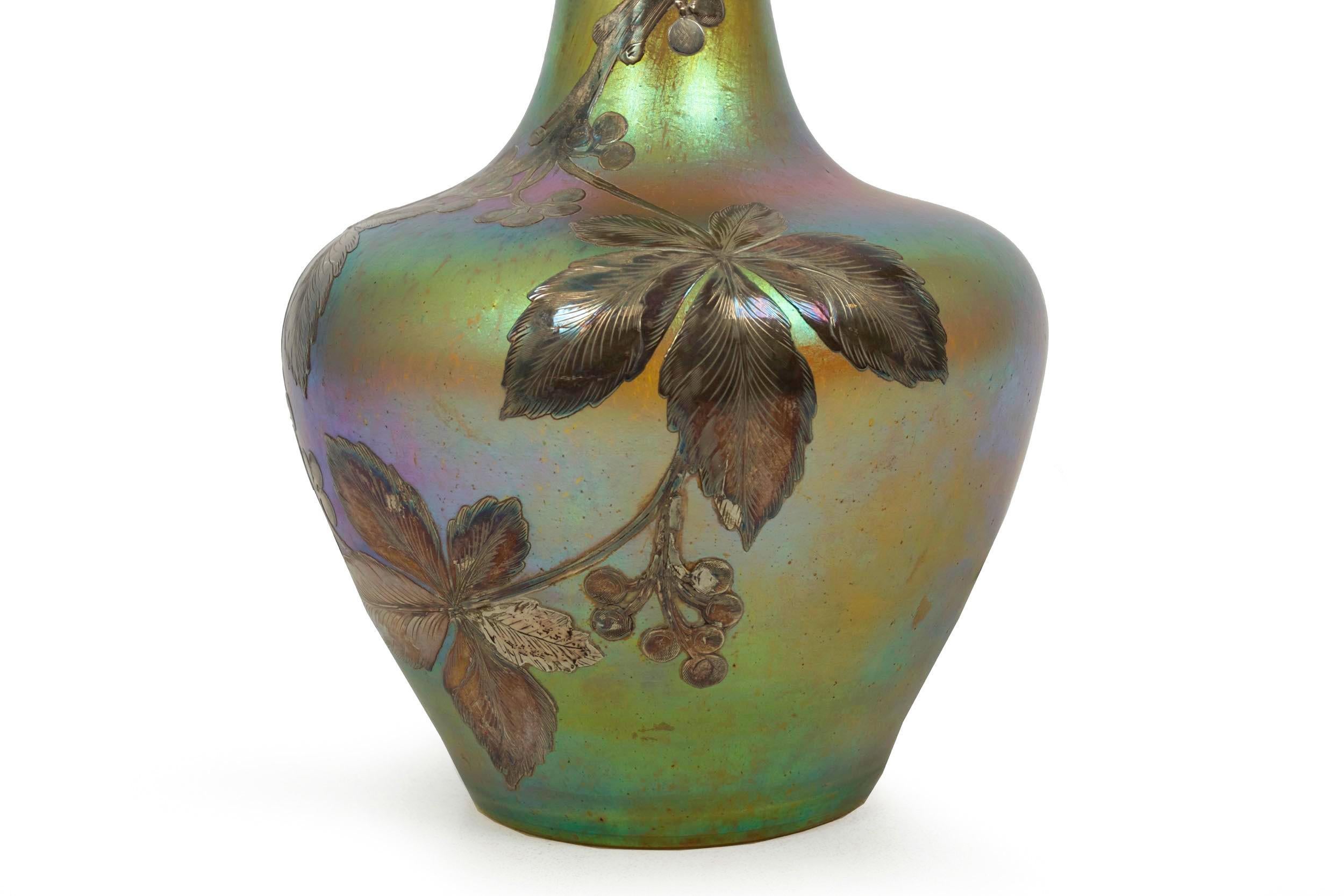Austrian Iridescent Glass Loetz att. Vase w/ Silver Overlay by La Pierre c. 1900 For Sale 8