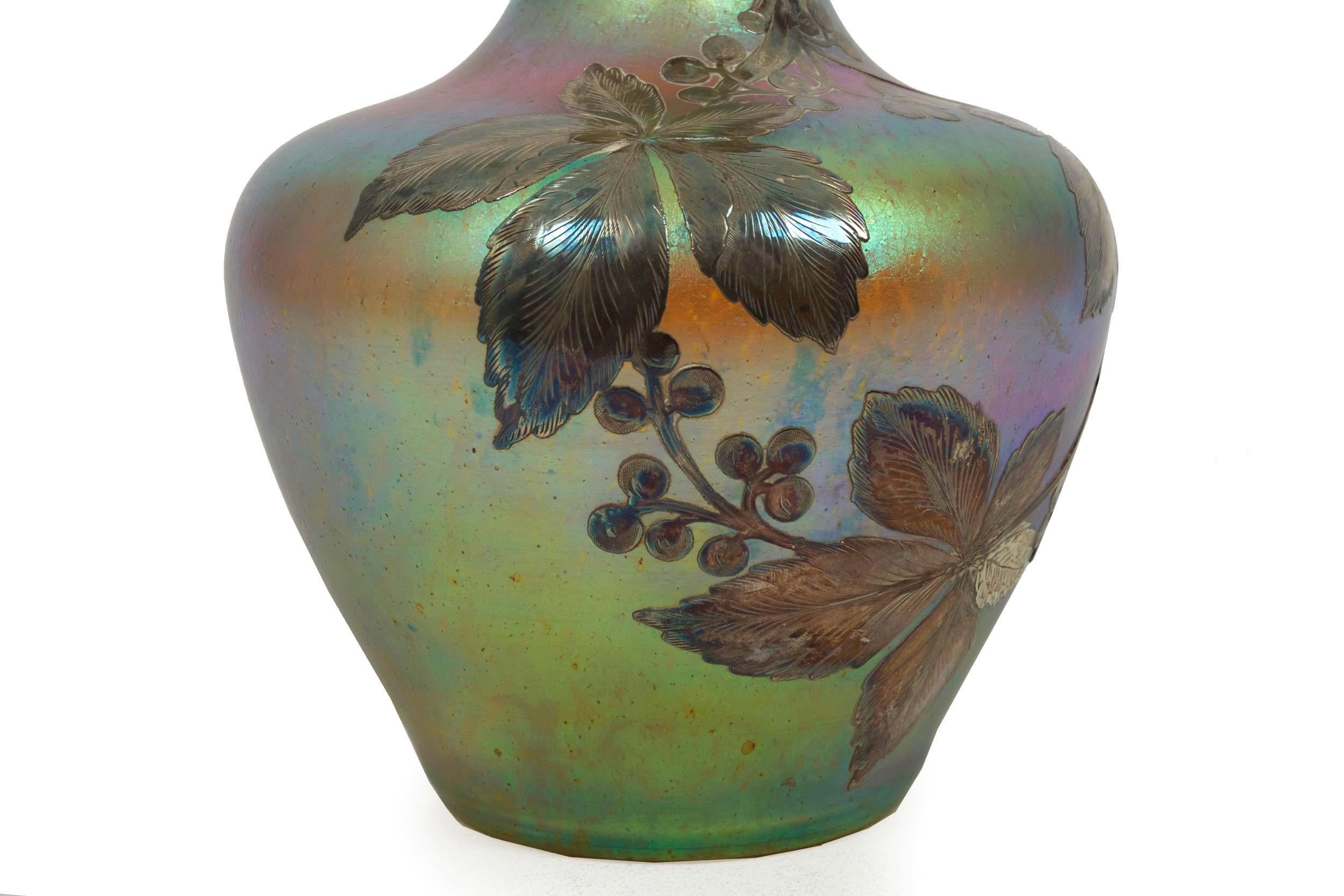 Austrian Iridescent Glass Loetz att. Vase w/ Silver Overlay by La Pierre c. 1900 For Sale 9