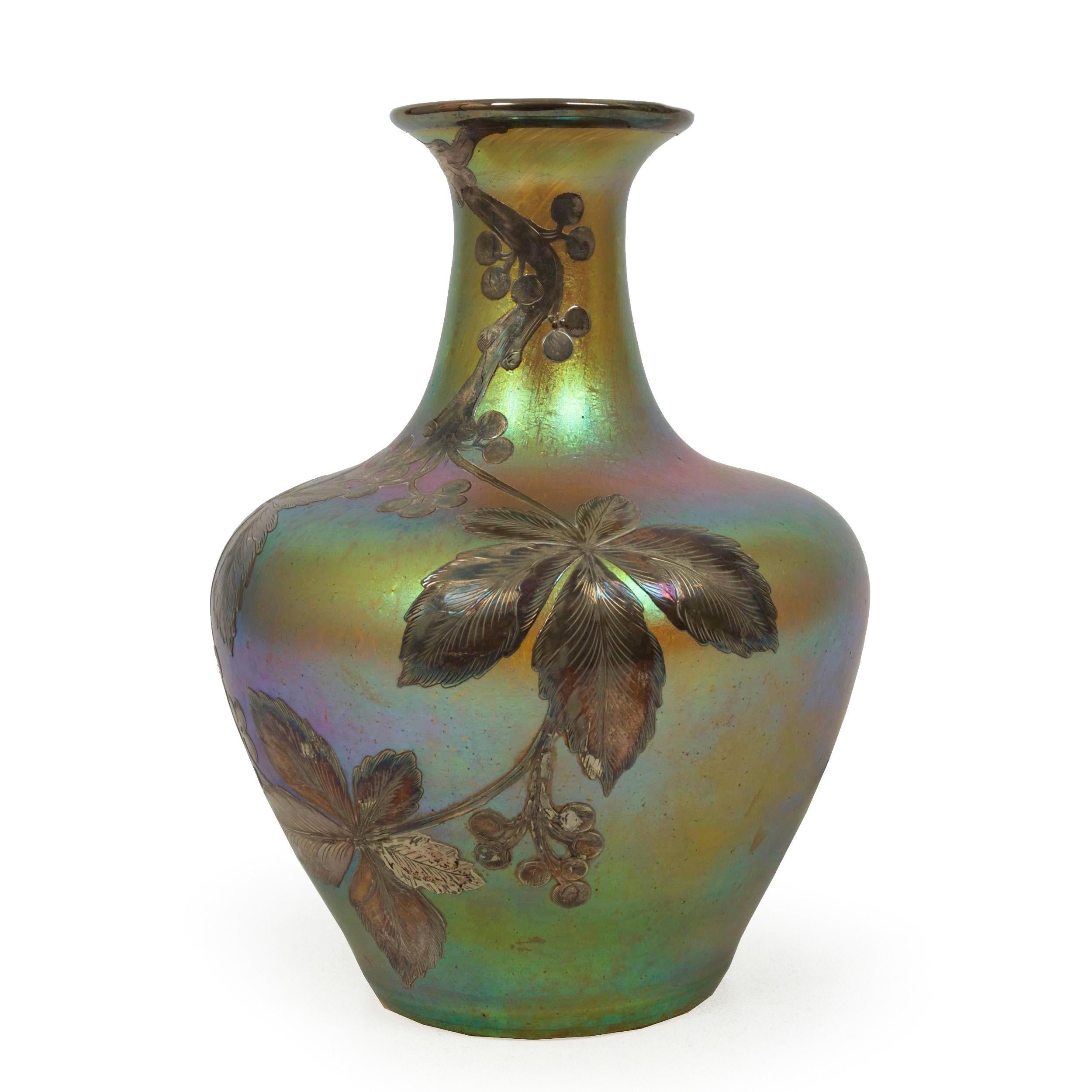 Art Nouveau Austrian Iridescent Glass Loetz att. Vase w/ Silver Overlay by La Pierre c. 1900 For Sale
