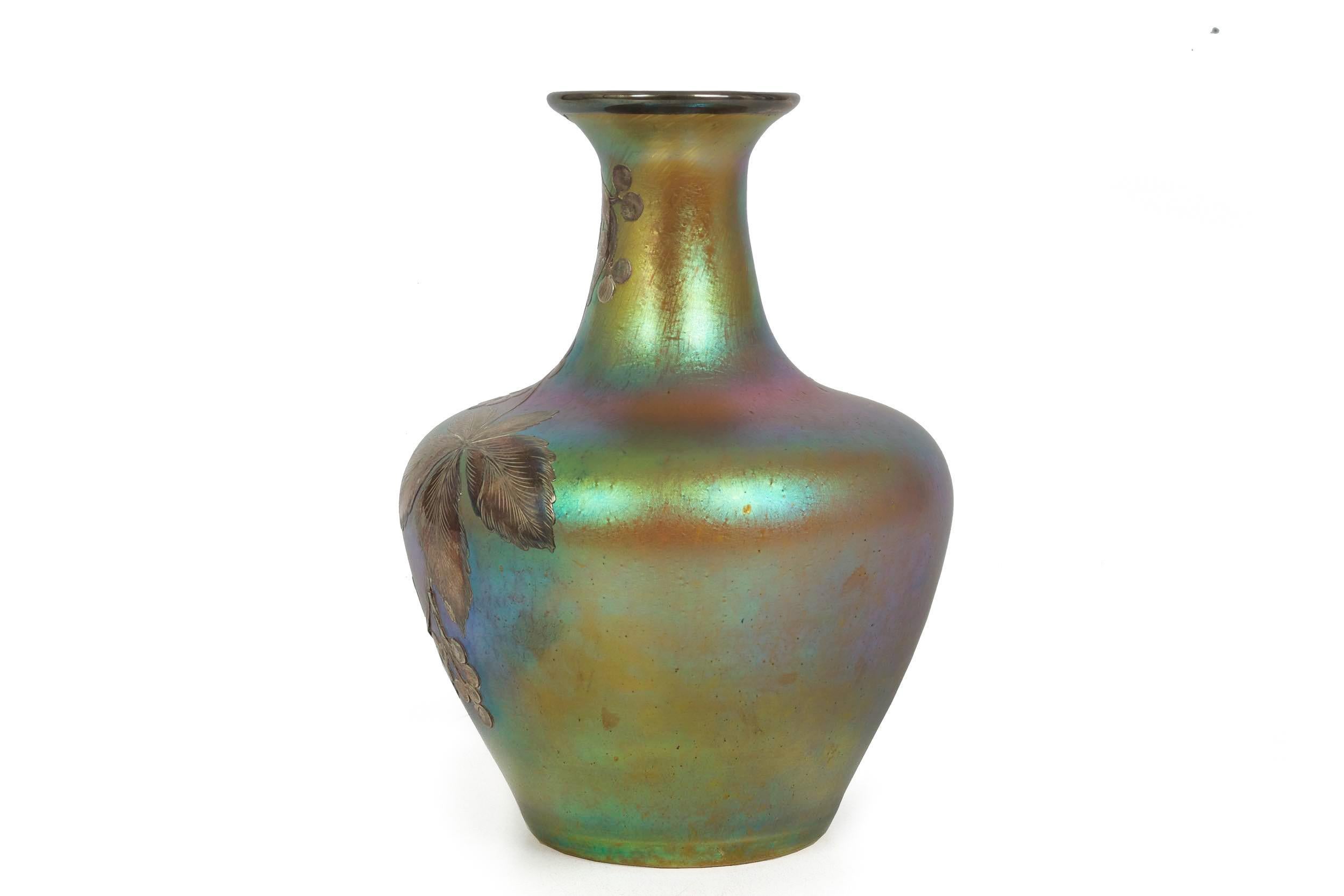 20th Century Austrian Iridescent Glass Loetz att. Vase w/ Silver Overlay by La Pierre c. 1900 For Sale