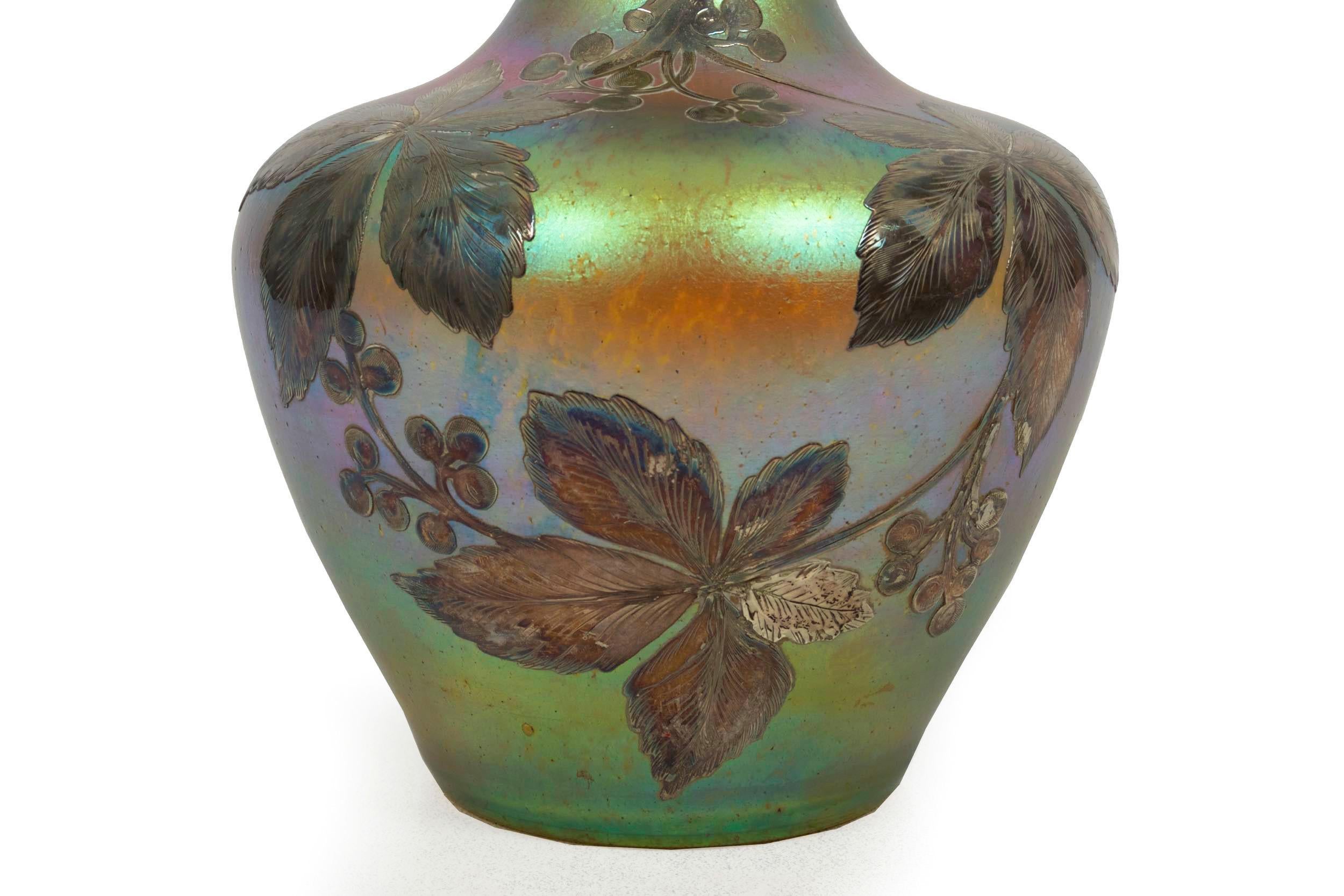 Austrian Iridescent Glass Loetz att. Vase w/ Silver Overlay by La Pierre c. 1900 For Sale 2