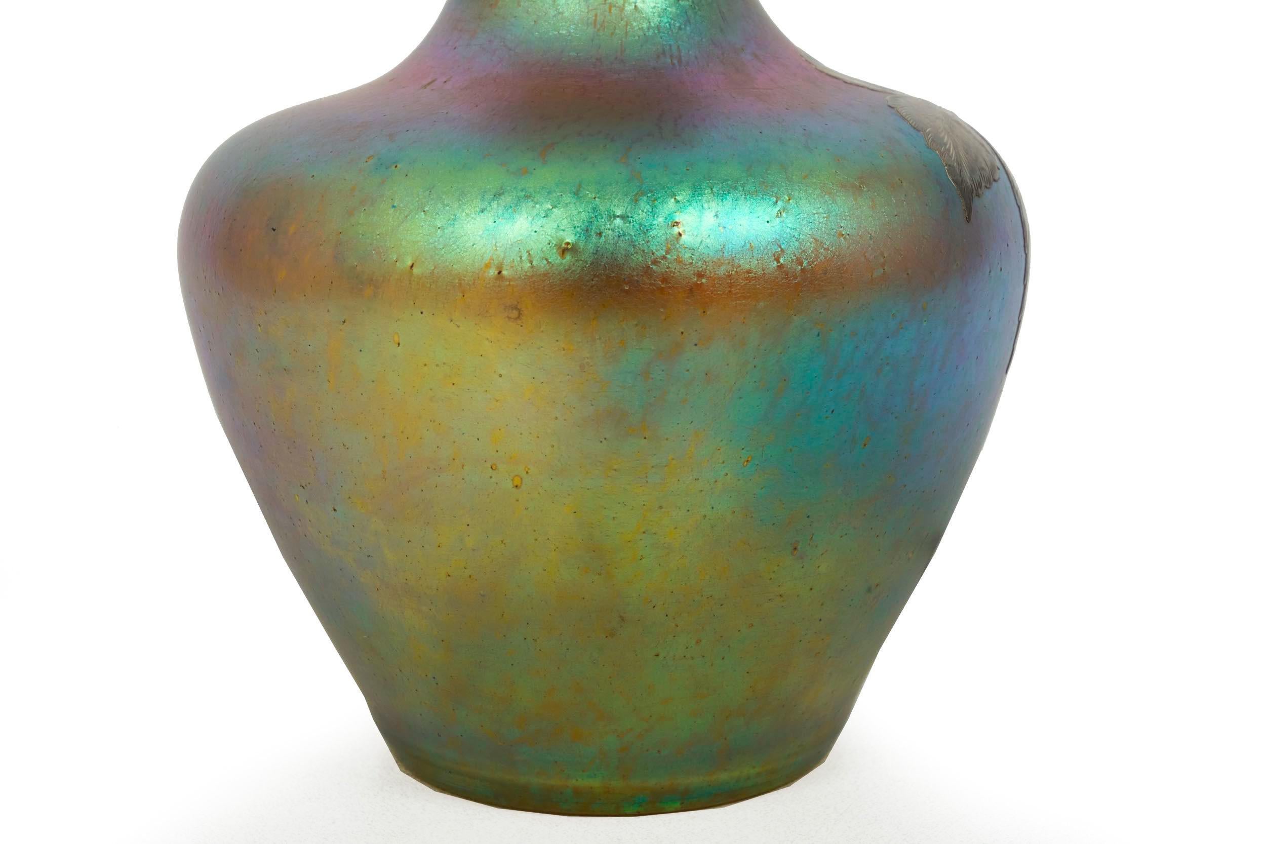 Austrian Iridescent Glass Loetz att. Vase w/ Silver Overlay by La Pierre c. 1900 For Sale 3