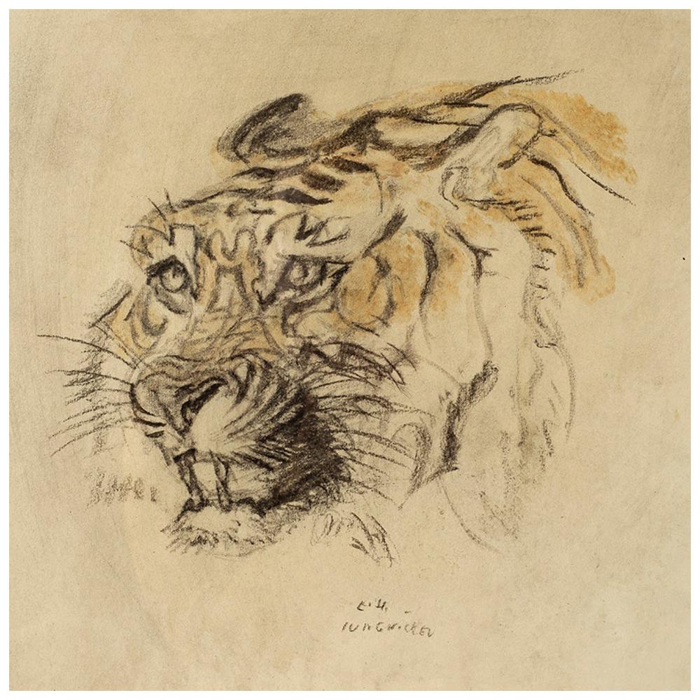 Austrian Jugendstil Animal Drawing Charcoal Watercolor Tiger Jungnickel ca. 1935 For Sale