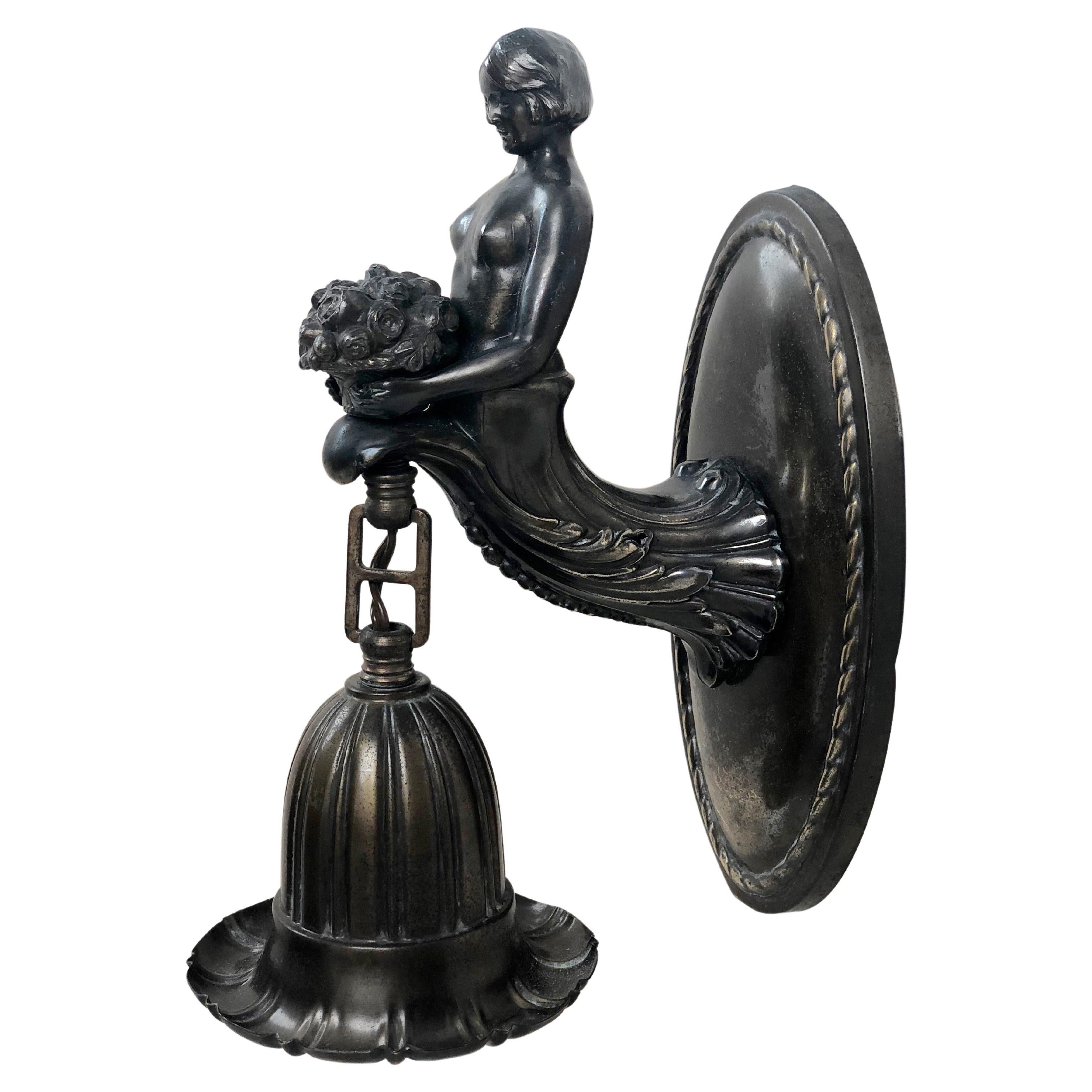 Austrian Jugendstil Bronze Wall Sconce with a Torso of a Women Holding a Bouquet For Sale