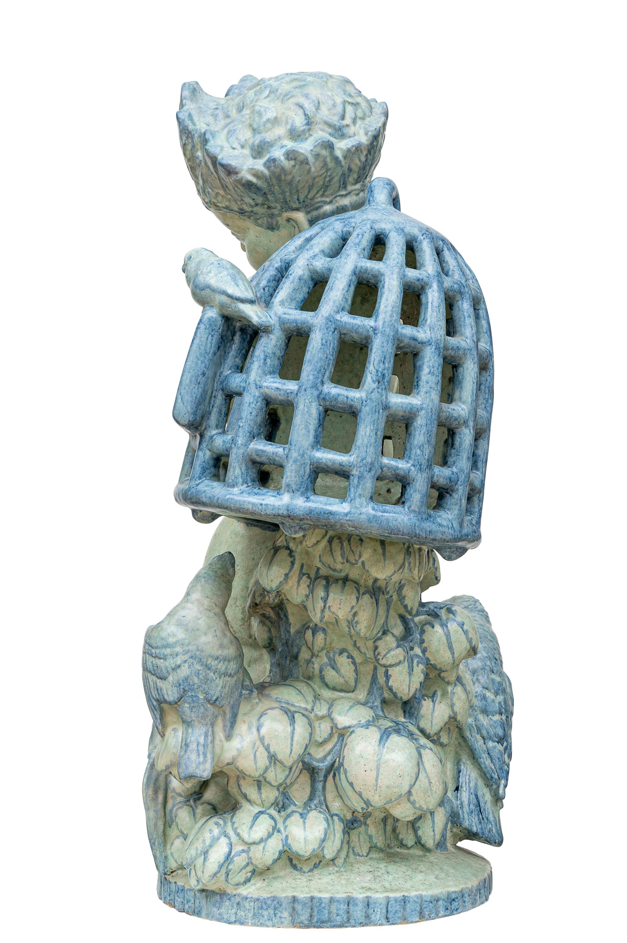 Early 20th Century Austrian Jugendstil Ceramic Sculpture Putto Michael Powolny Blue, circa 1917 For Sale