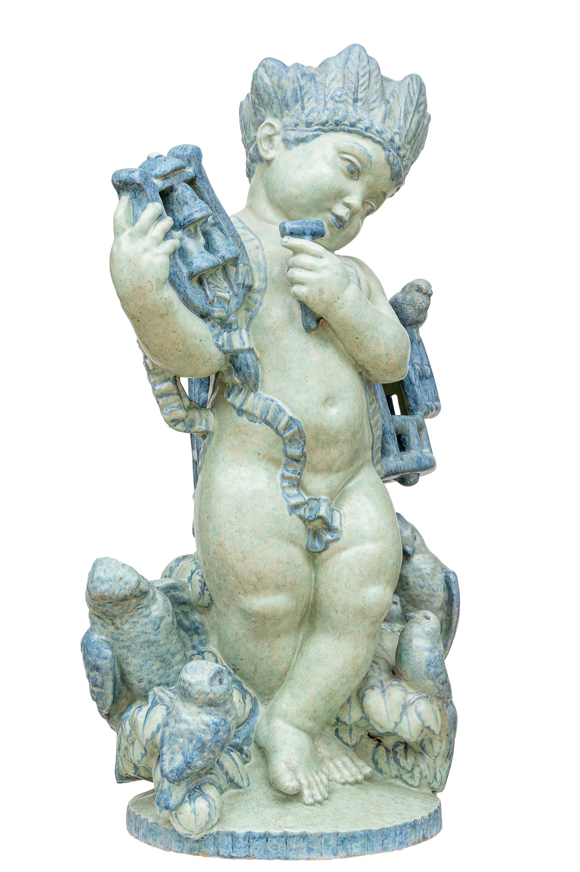 Austrian Jugendstil Ceramic Sculpture Putto Michael Powolny Blue, circa 1917 For Sale 1