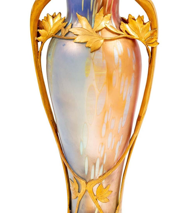 Early 20th Century Austrian Jugendstil Glass Vase Tricolore Decoration with Metal Mount circa 1900 For Sale